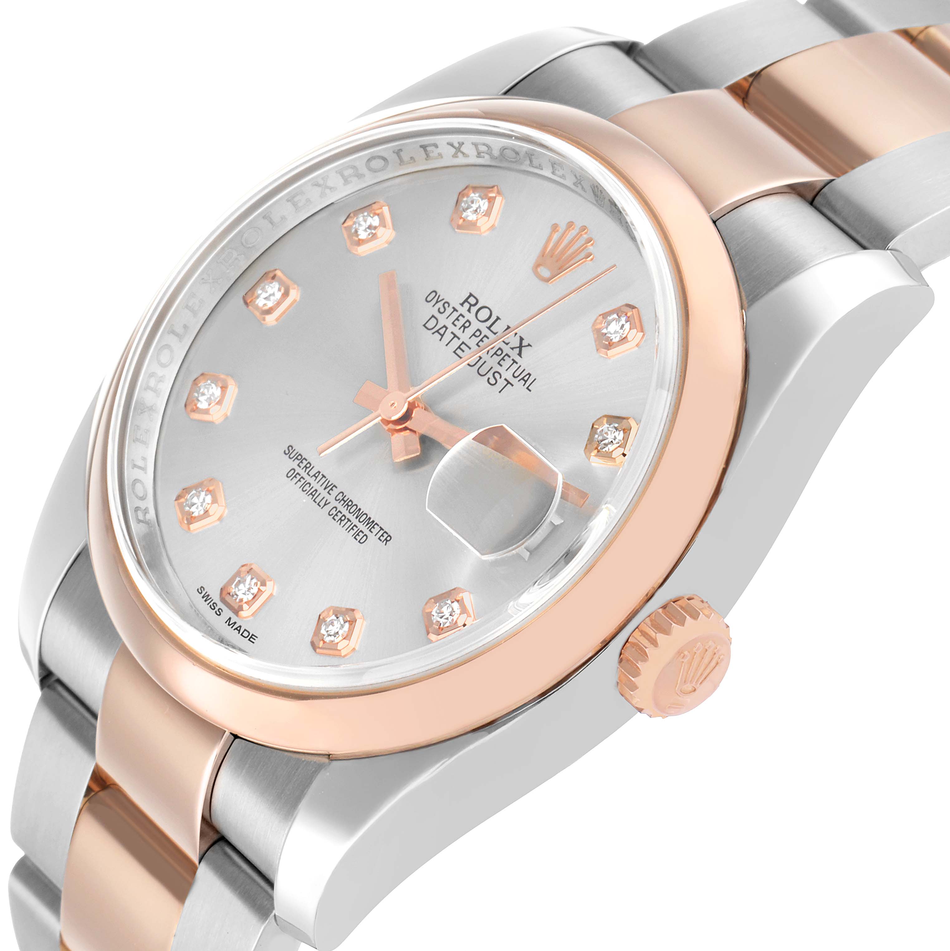 The Rolex Datejust 116201 Men's Steel and Gold (two tone) Silver Dial watch is shown at a slightly angled top view, highlighting the dial, bezel, crown, and bracelet.