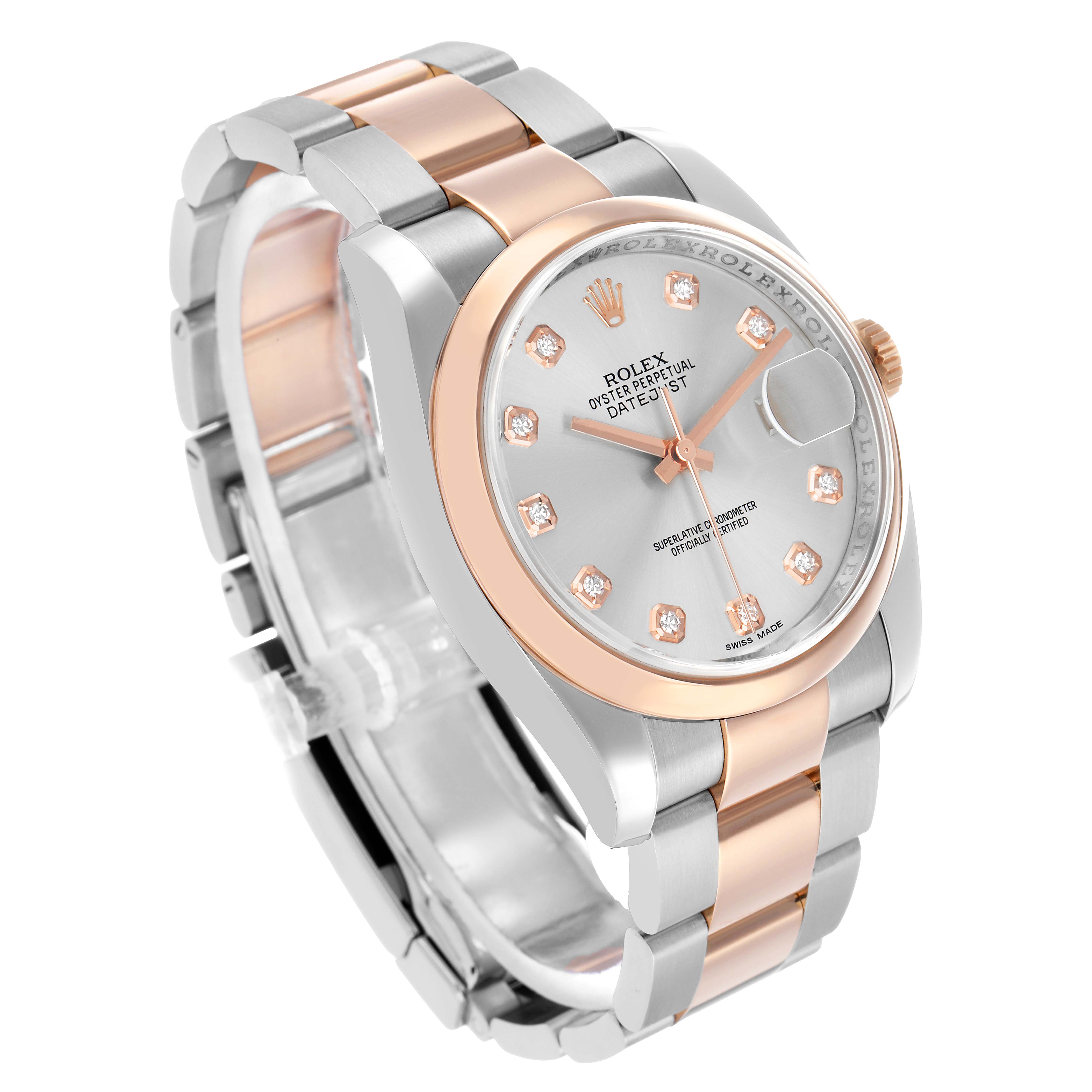 The Rolex Datejust 116201 Men's Steel and Gold (two tone) Silver Dial watch is shown at a three-quarter angle, displaying its rose gold bezel, silver dial with diamond markers, and two-tone bracelet.