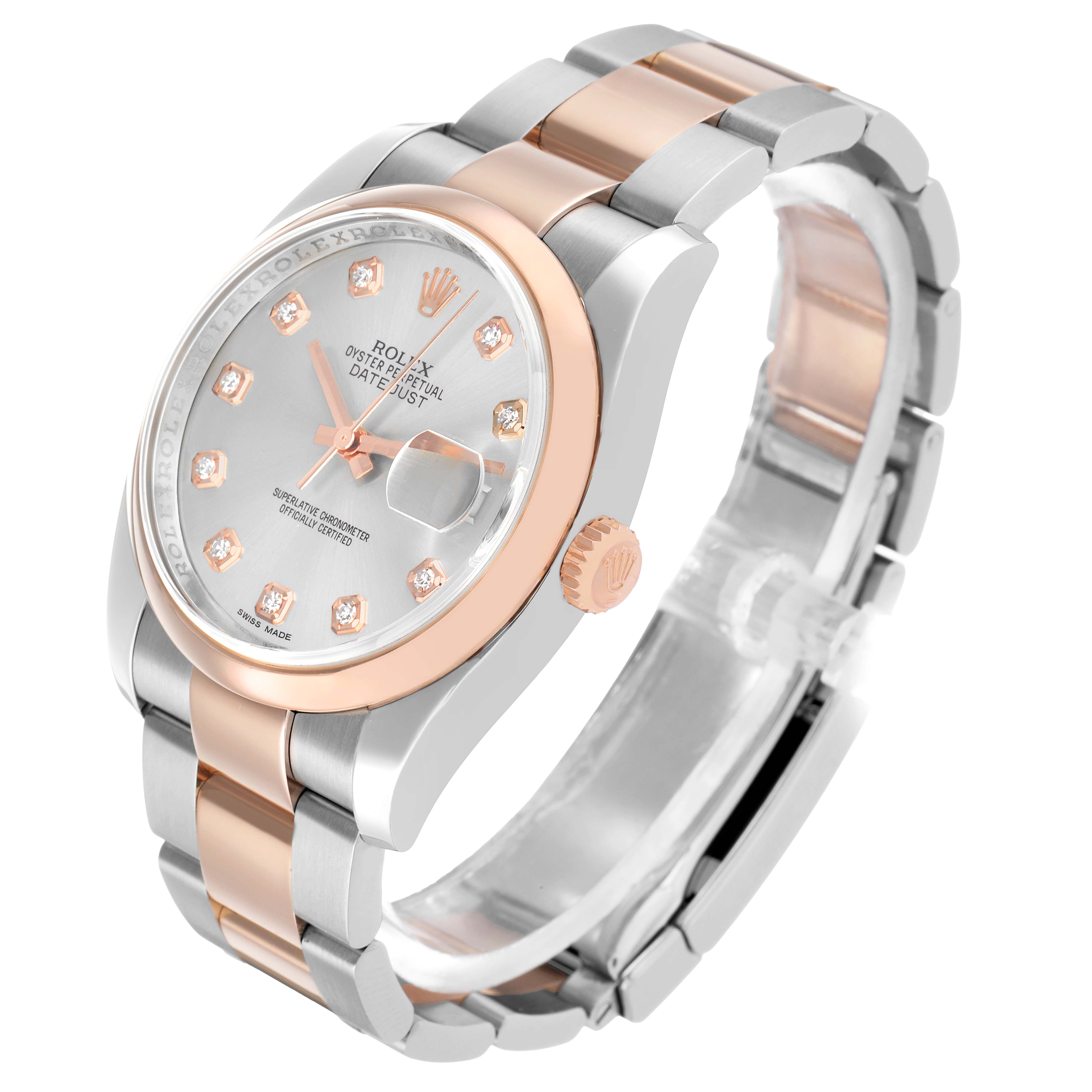 The Rolex Datejust 116201 Men's Steel and Gold (two tone) Silver Dial watch is shown at an angle, highlighting the bezel, crown, face, and bracelet.