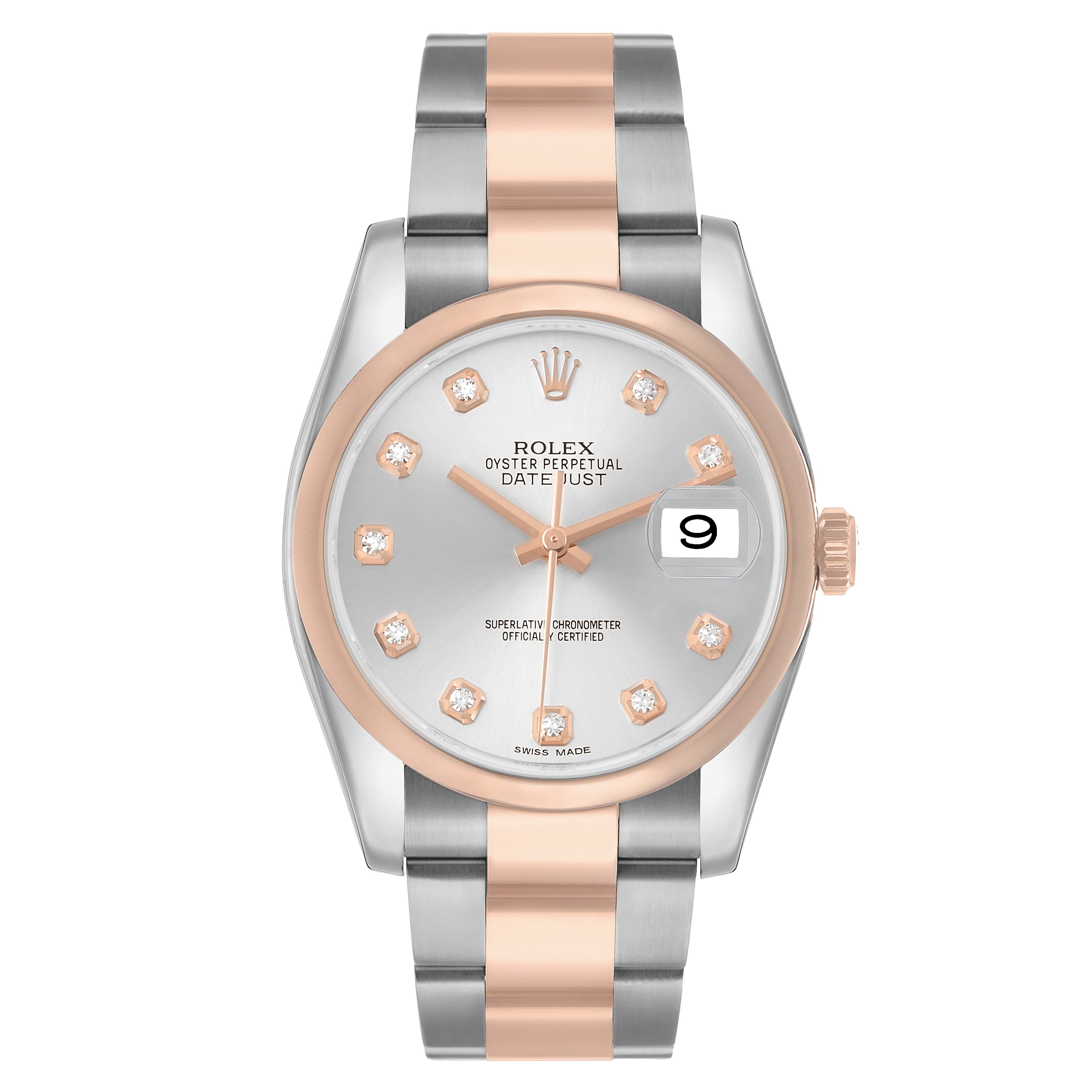 The Rolex Datejust 116201 Men's Steel and Gold (two tone) Silver Dial watch is shown from the front, displaying its dial, bezel, hands, index markers, date window, and two-tone bracelet.