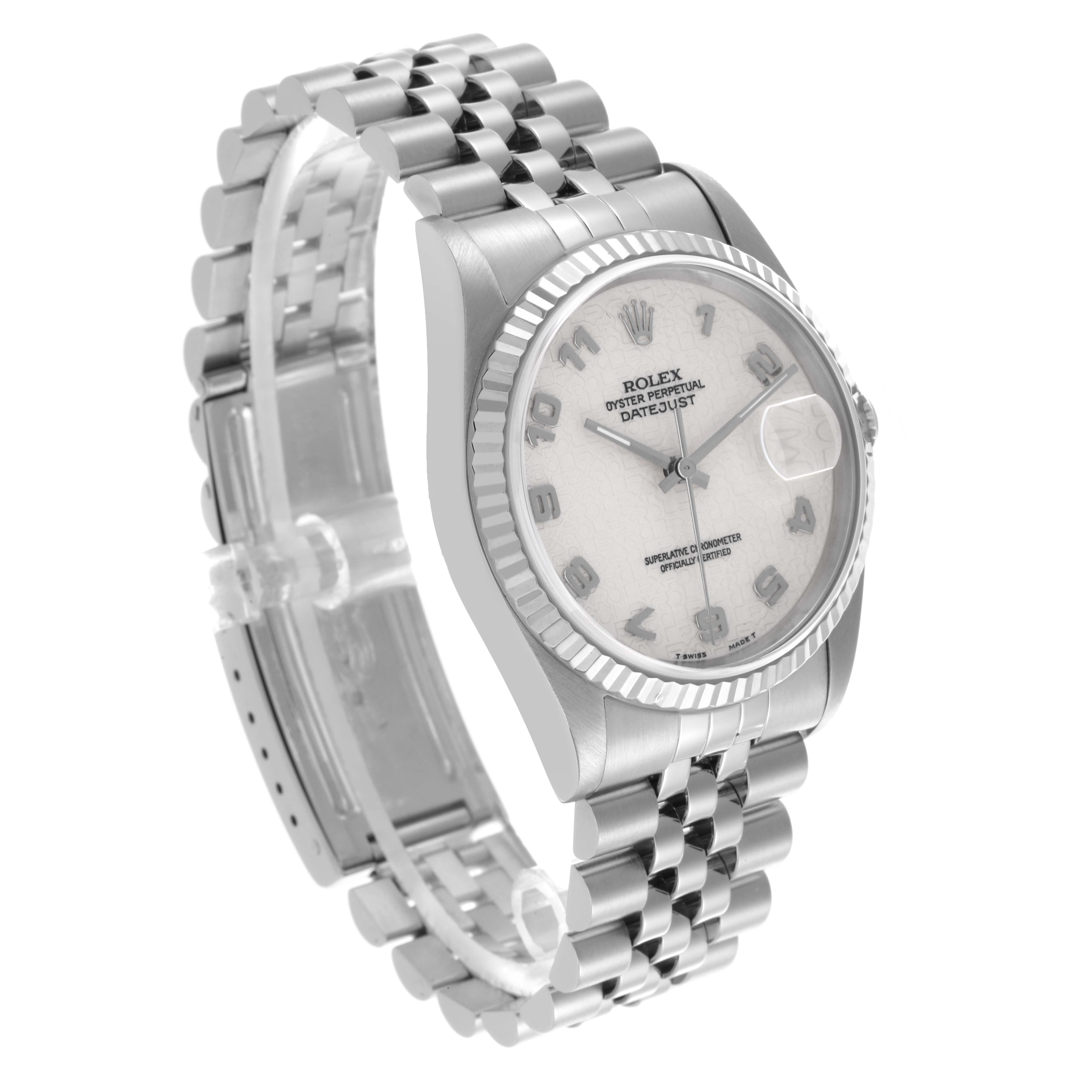 The Rolex Datejust 16234 Men's Stainless Steel White Dial 16234 Men's Stainless Steel White Dial watch is shown at a slight angle, highlighting the face, bezel, case, and Jubilee bracelet.