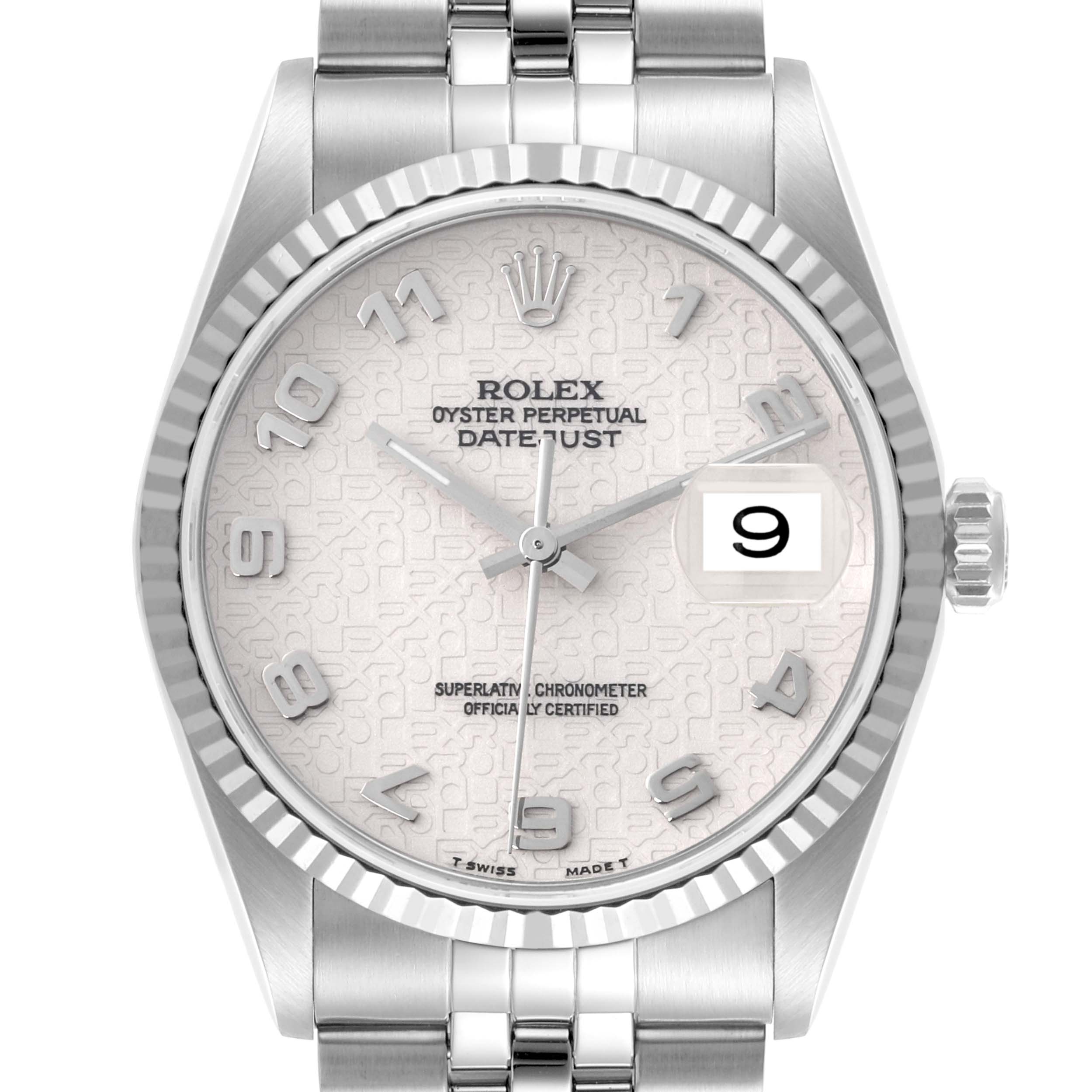 The Rolex Datejust 16234 Men's Stainless Steel White Dial 16234 Men's Stainless Steel White Dial watch is shown from the front, highlighting the dial, bezel, crown, and a portion of the bracelet.