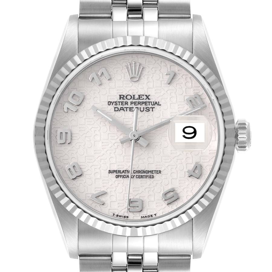 The Rolex Datejust watch is shown from the front, highlighting the dial, bezel, crown, and a portion of the bracelet.