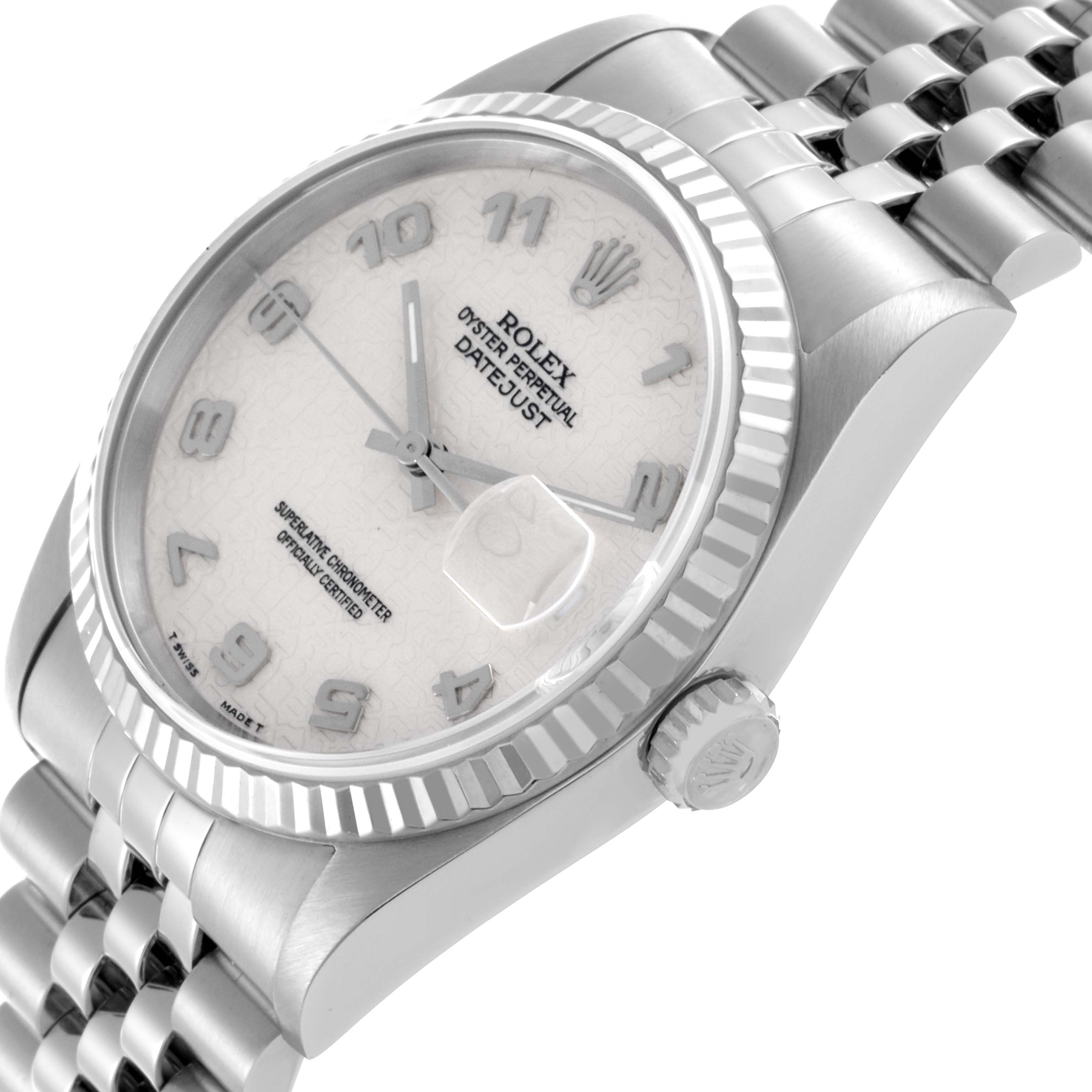 The Rolex Datejust 16234 Men's Stainless Steel White Dial 16234 Men's Stainless Steel White Dial watch is shown from a top-side angle, displaying the dial, bezel, crown, and part of the bracelet.