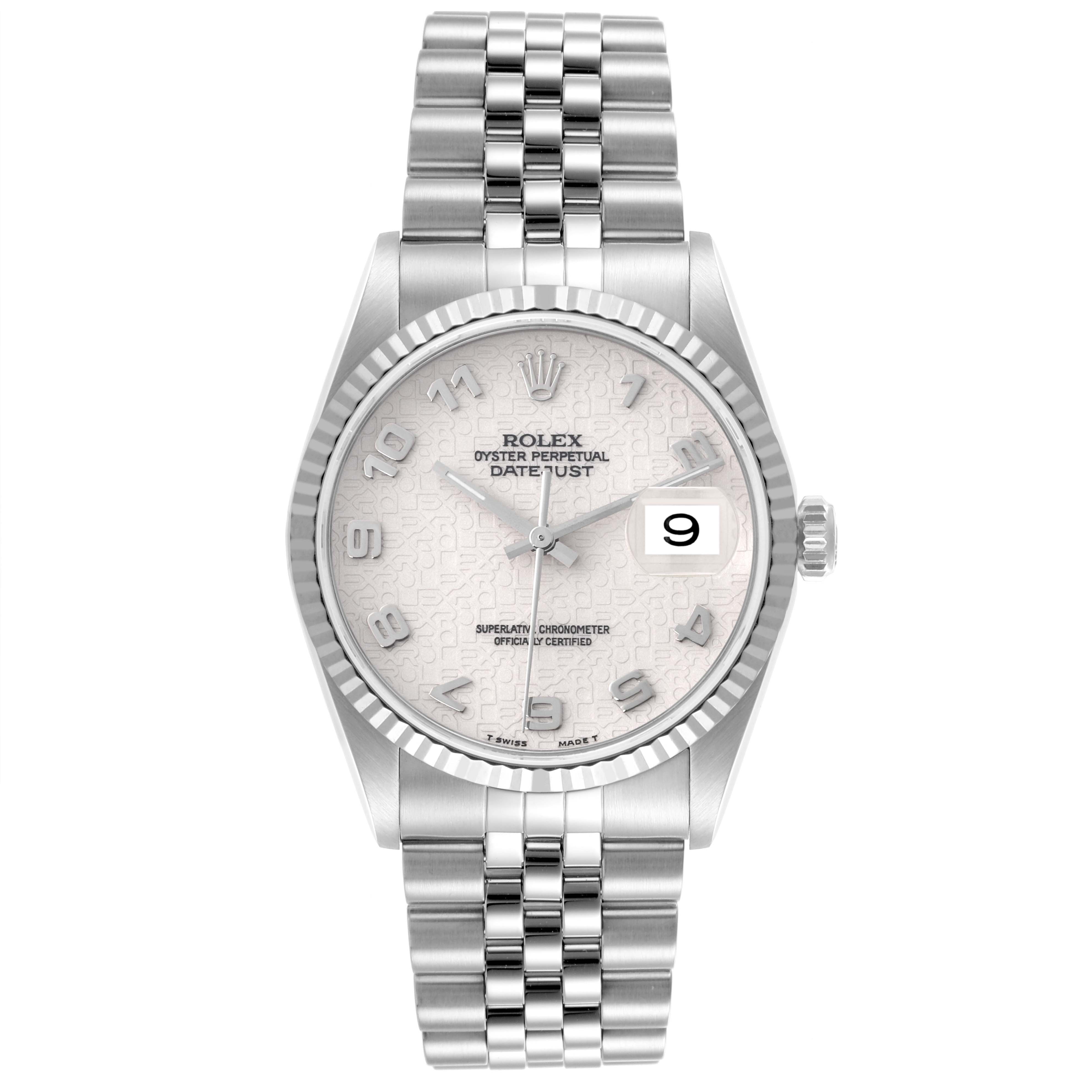 The Rolex Datejust 16234 Men's Stainless Steel White Dial 16234 Men's Stainless Steel White Dial watch is shown from the front, displaying the face, bezel, and bracelet.