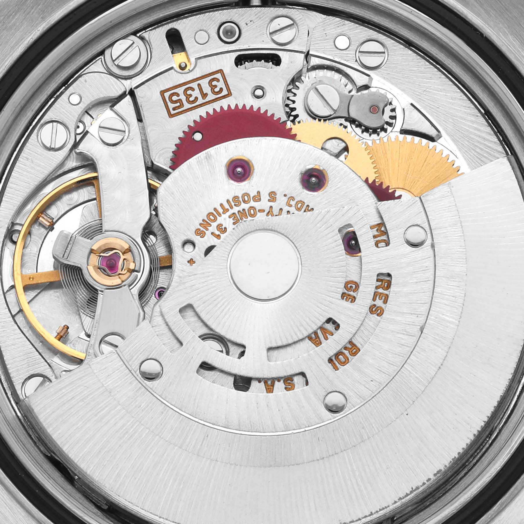 The image shows the internal mechanism of a Rolex Datejust 16234 Men's Stainless Steel White Dial 16234 Men's Stainless Steel White Dial, focusing on gears and movement components from above.