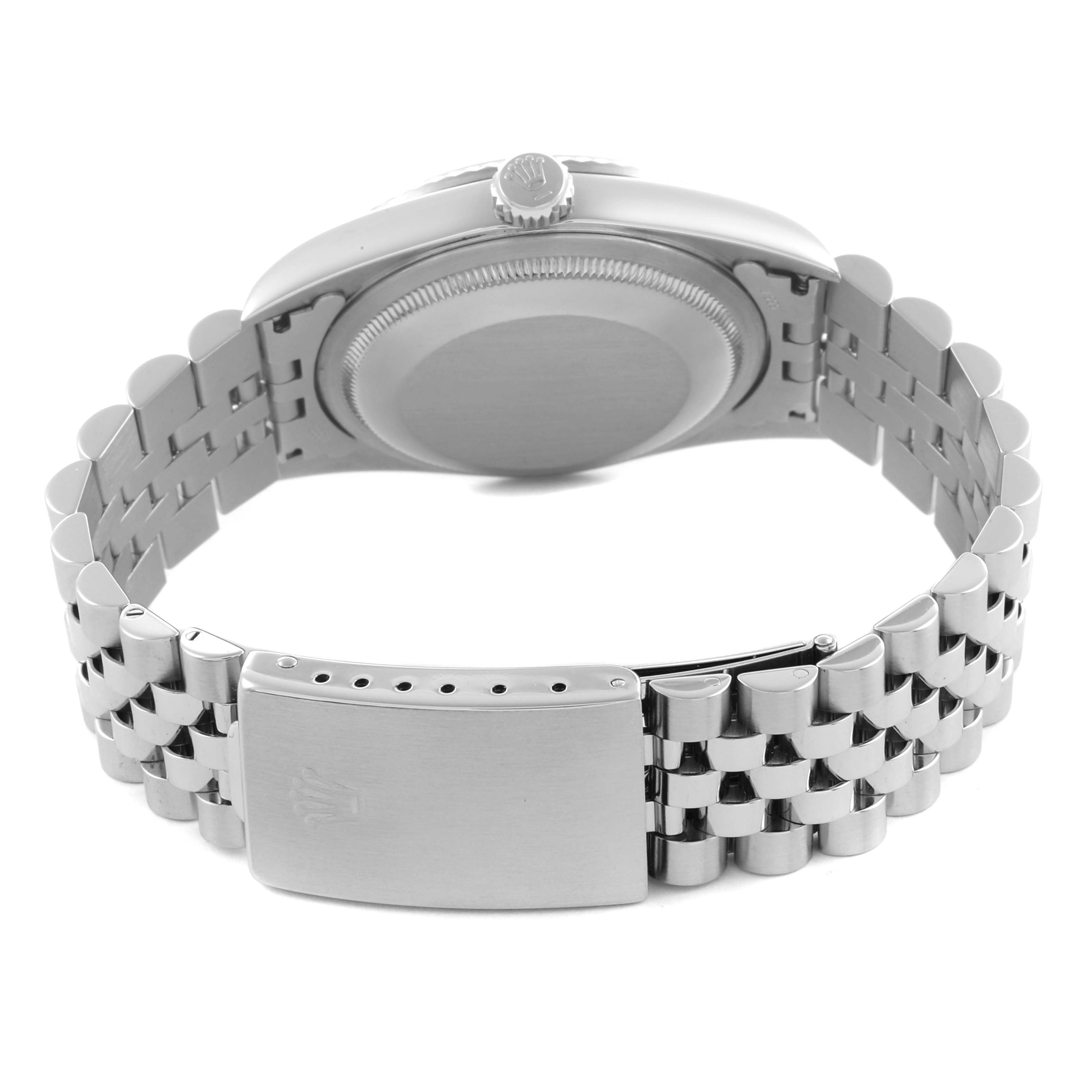 The Rolex Datejust 16234 Men's Stainless Steel White Dial 16234 Men's Stainless Steel White Dial watch is shown from the back, highlighting the clasp, bracelet, crown, and case back.