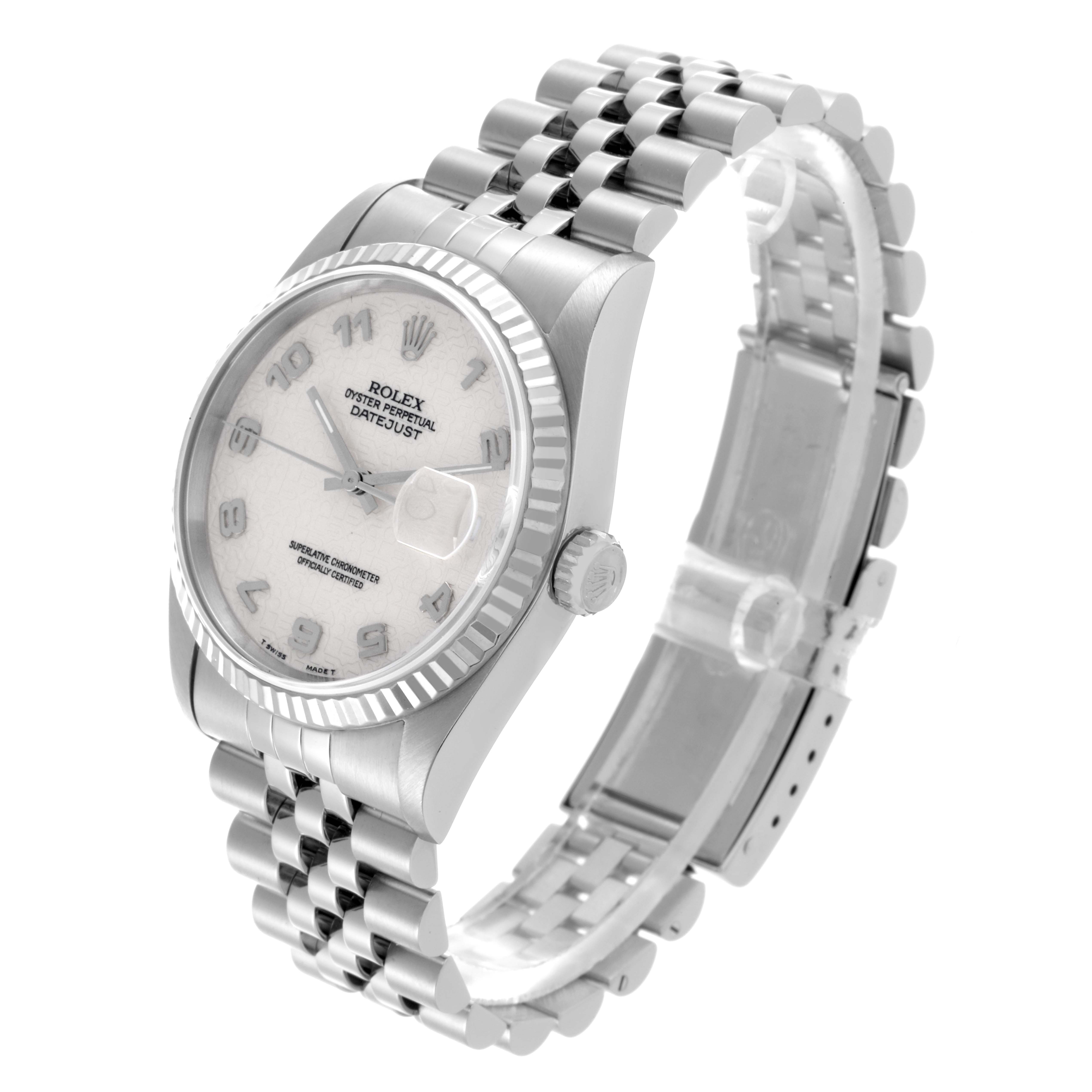 The Rolex Datejust 16234 Men's Stainless Steel White Dial 16234 Men's Stainless Steel White Dial watch is angled to show the face, bezel, crown, and part of the bracelet.