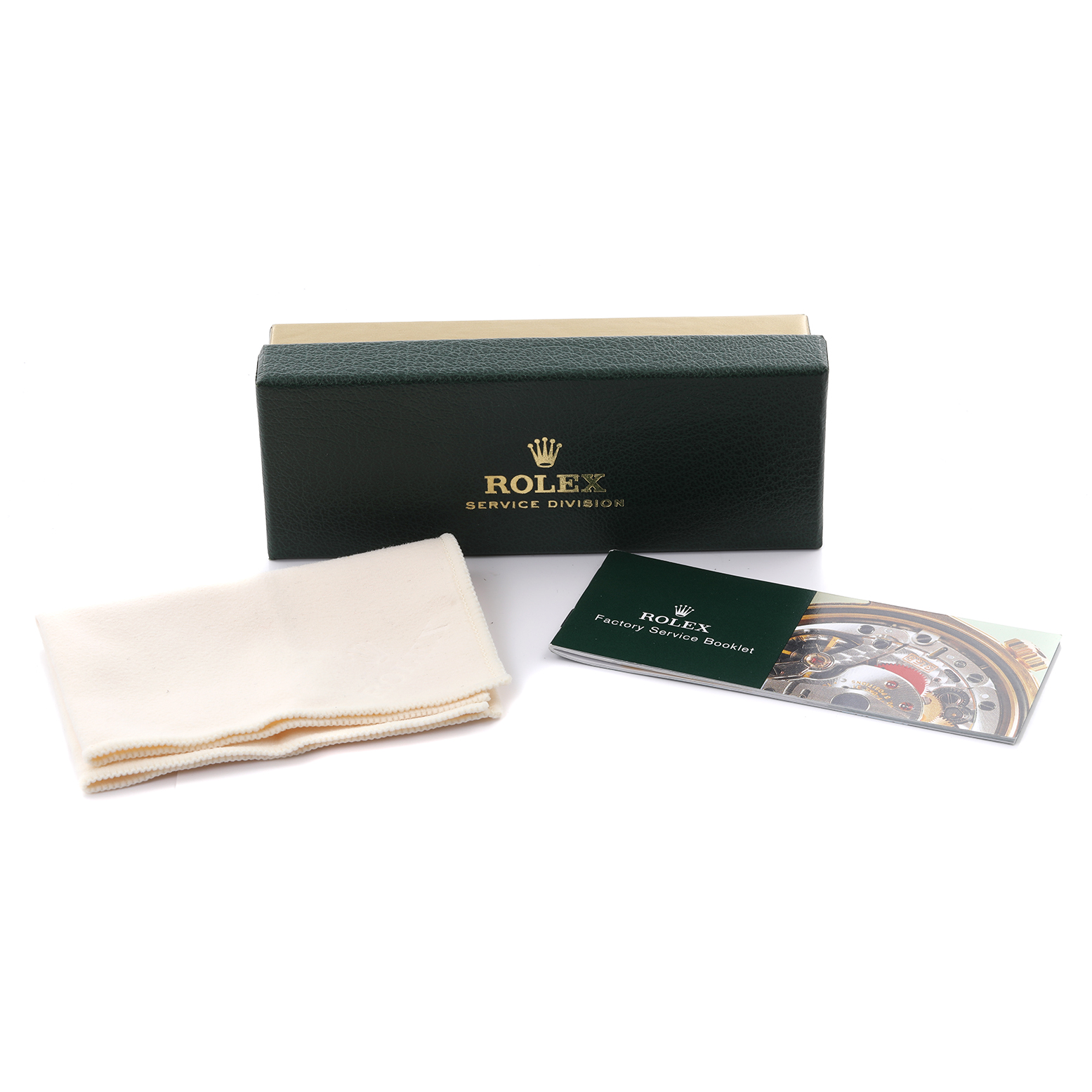 The image shows the Rolex Datejust 16234 Men's Stainless Steel White Dial 16234 Men's Stainless Steel White Dial accessories: a service box, a cleaning cloth, and a factory service booklet.