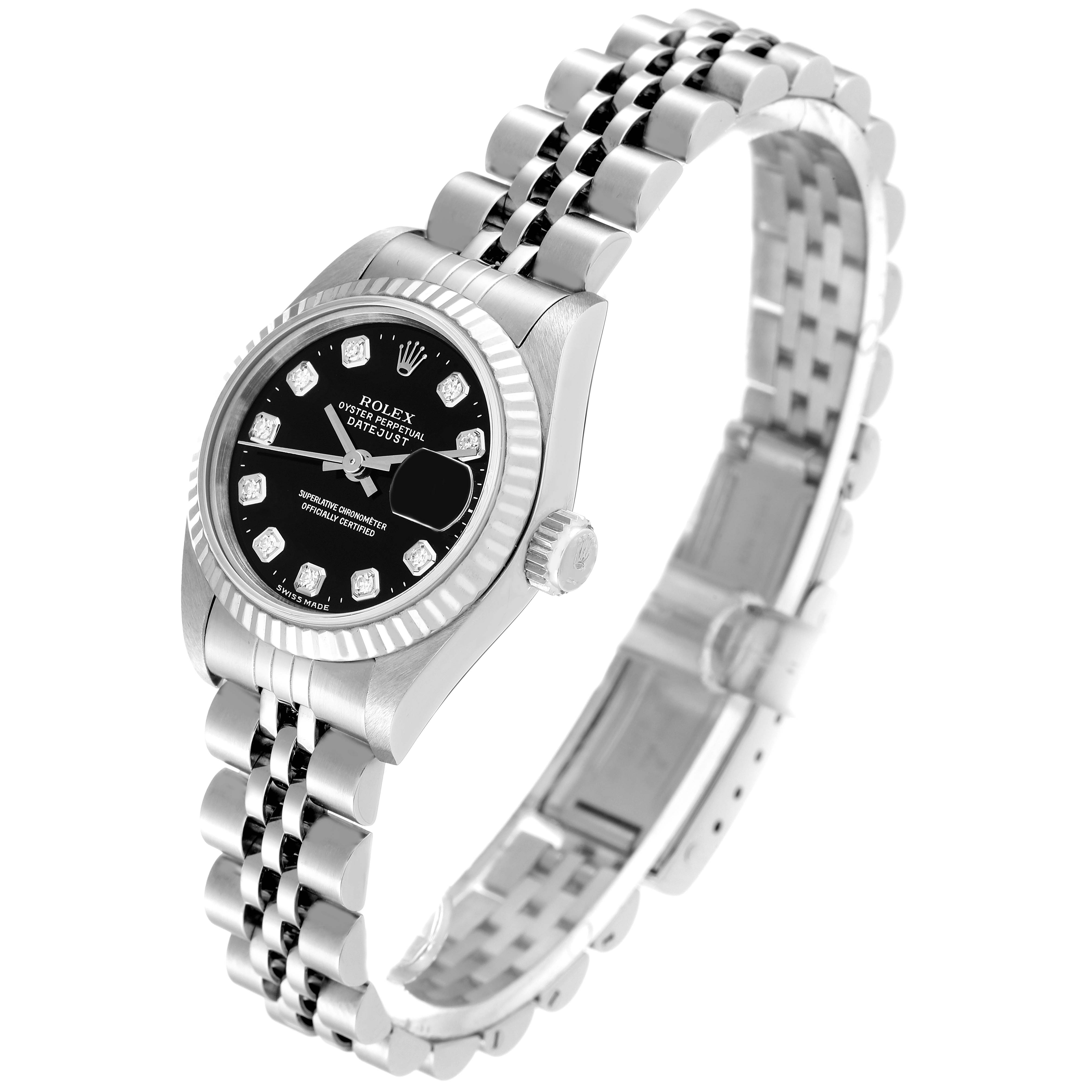 The Rolex Datejust 69174 Women's Stainless Steel Black Dial 69174 Women's Stainless Steel Black Dial watch is shown at a slight angle, highlighting its face, bezel, and intricate bracelet design.