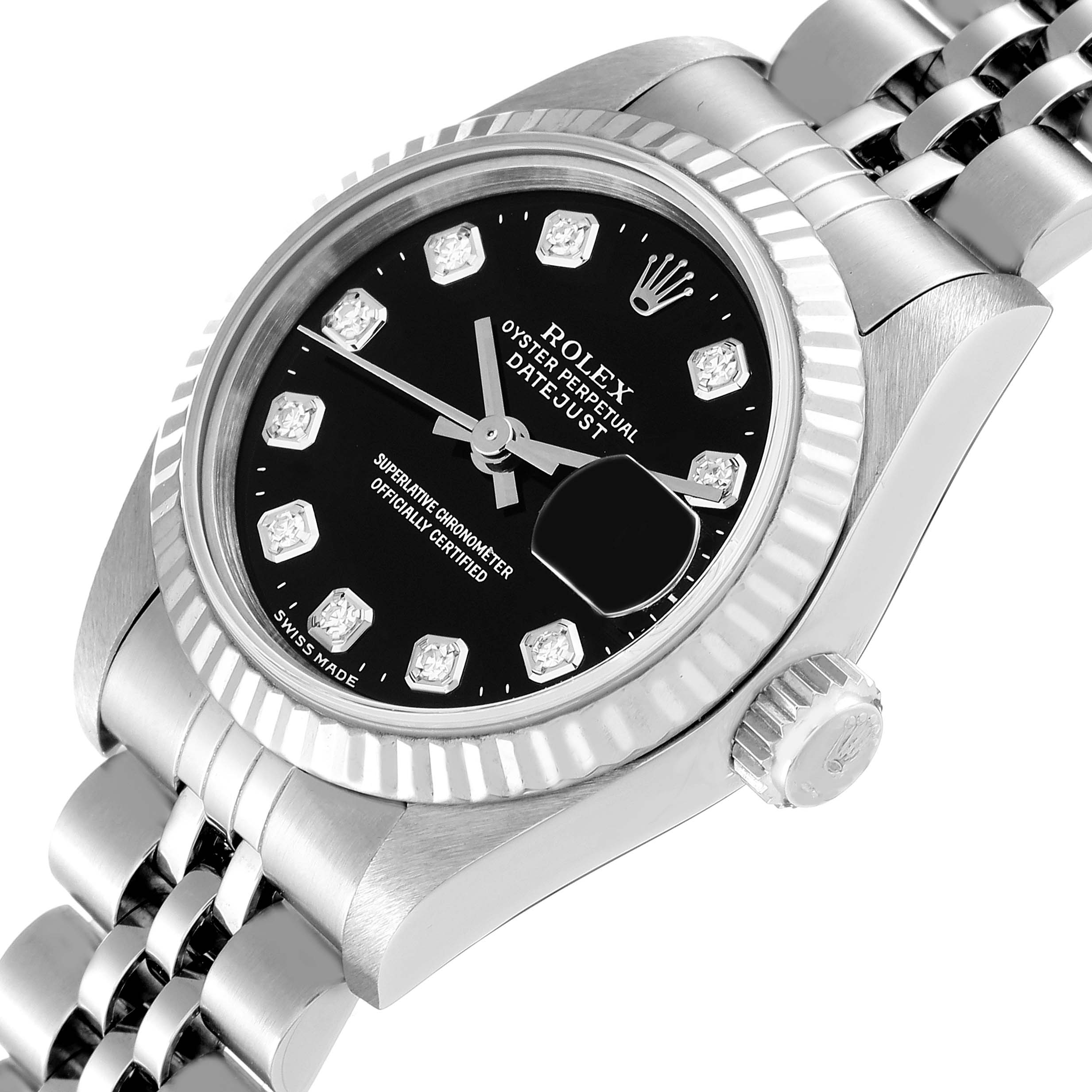 The image shows a Rolex Datejust 69174 Women's Stainless Steel Black Dial 69174 Women's Stainless Steel Black Dial watch at an angle focusing on the face, bezel, crown, and part of the bracelet.