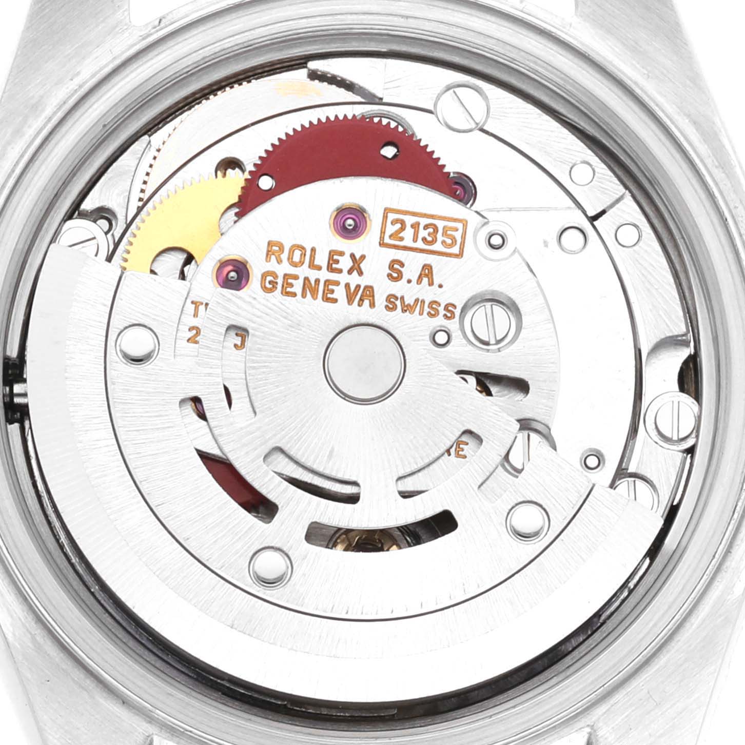 This image shows the internal mechanics and movement of the Rolex Datejust 69174 Women's Stainless Steel Black Dial 69174 Women's Stainless Steel Black Dial watch from a back angle.