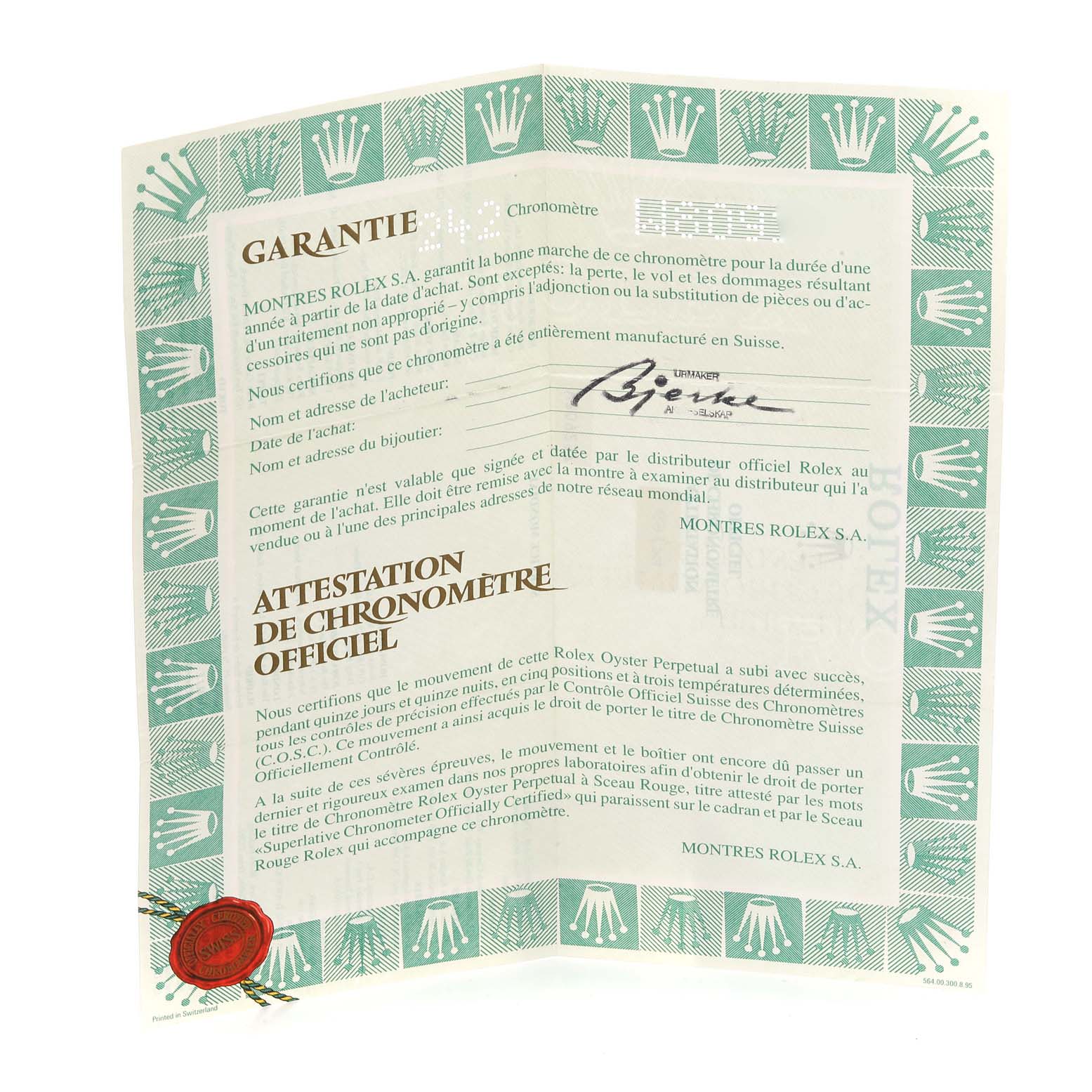 The image shows the official guarantee and chronometer certificate for the Rolex Datejust 69174 Women's Stainless Steel Black Dial 69174 Women's Stainless Steel Black Dial model.