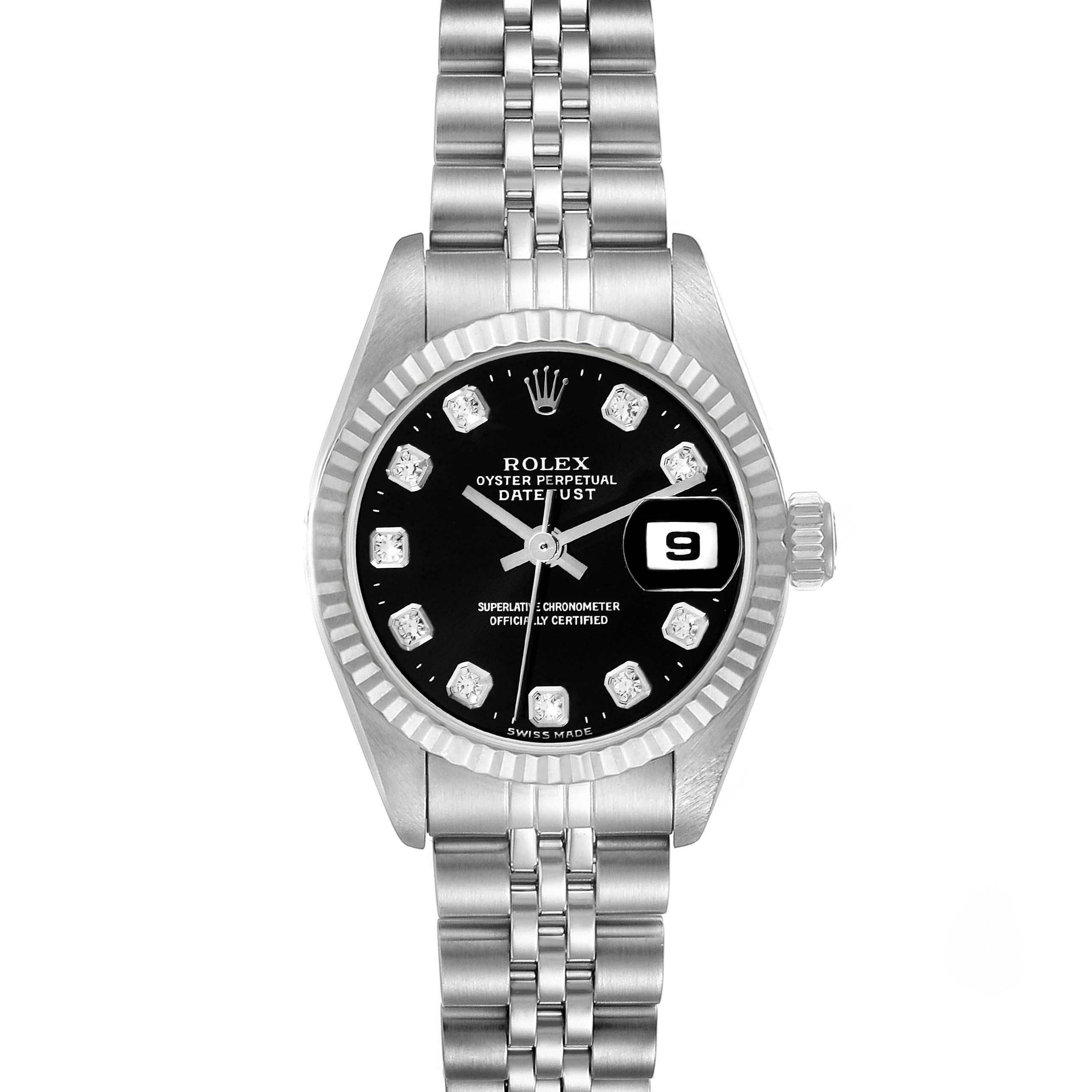 The Rolex Datejust 69174 Women's Stainless Steel Black Dial 69174 Women's Stainless Steel Black Dial watch is shown in a front view, displaying its black dial, fluted bezel, and Jubilee bracelet.