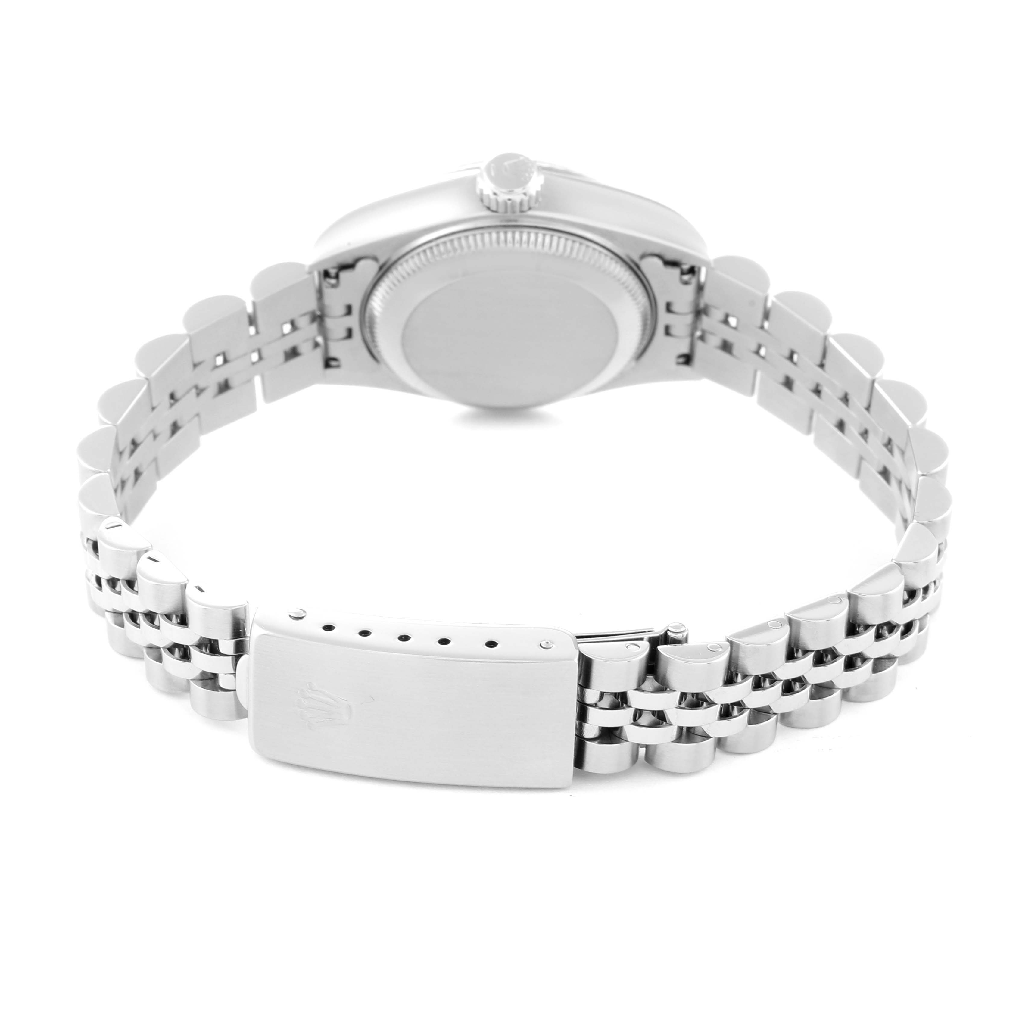 The image shows the backside and bracelet of a Rolex Datejust 69174 Women's Stainless Steel Black Dial 69174 Women's Stainless Steel Black Dial watch, highlighting the clasp and case back.