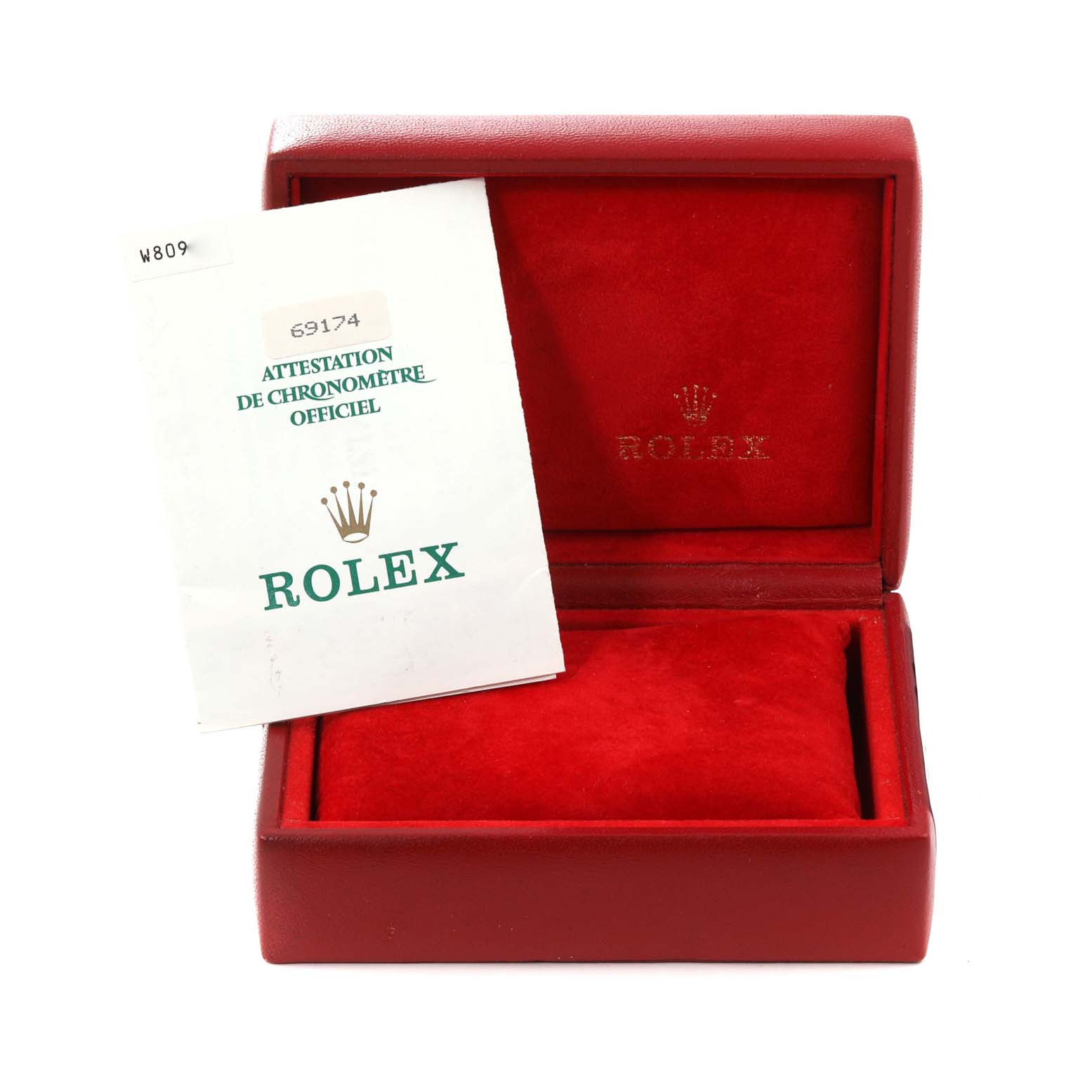 The image shows an open Rolex Datejust 69174 Women's Stainless Steel Black Dial 69174 Women's Stainless Steel Black Dial watch box with a certification document beside it.