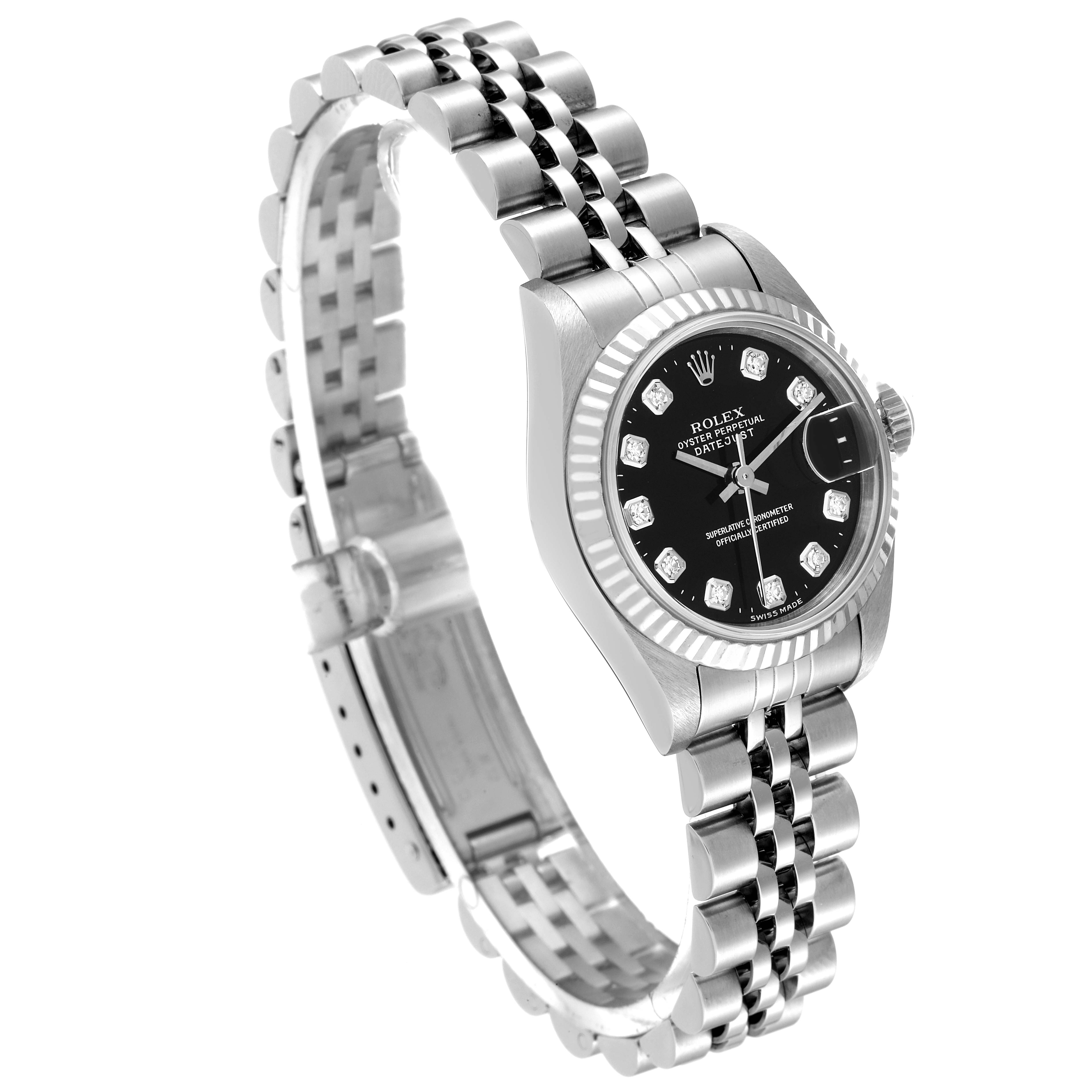 This image shows a Rolex Datejust 69174 Women's Stainless Steel Black Dial 69174 Women's Stainless Steel Black Dial watch from a front-side angle, highlighting its bracelet and black dial.