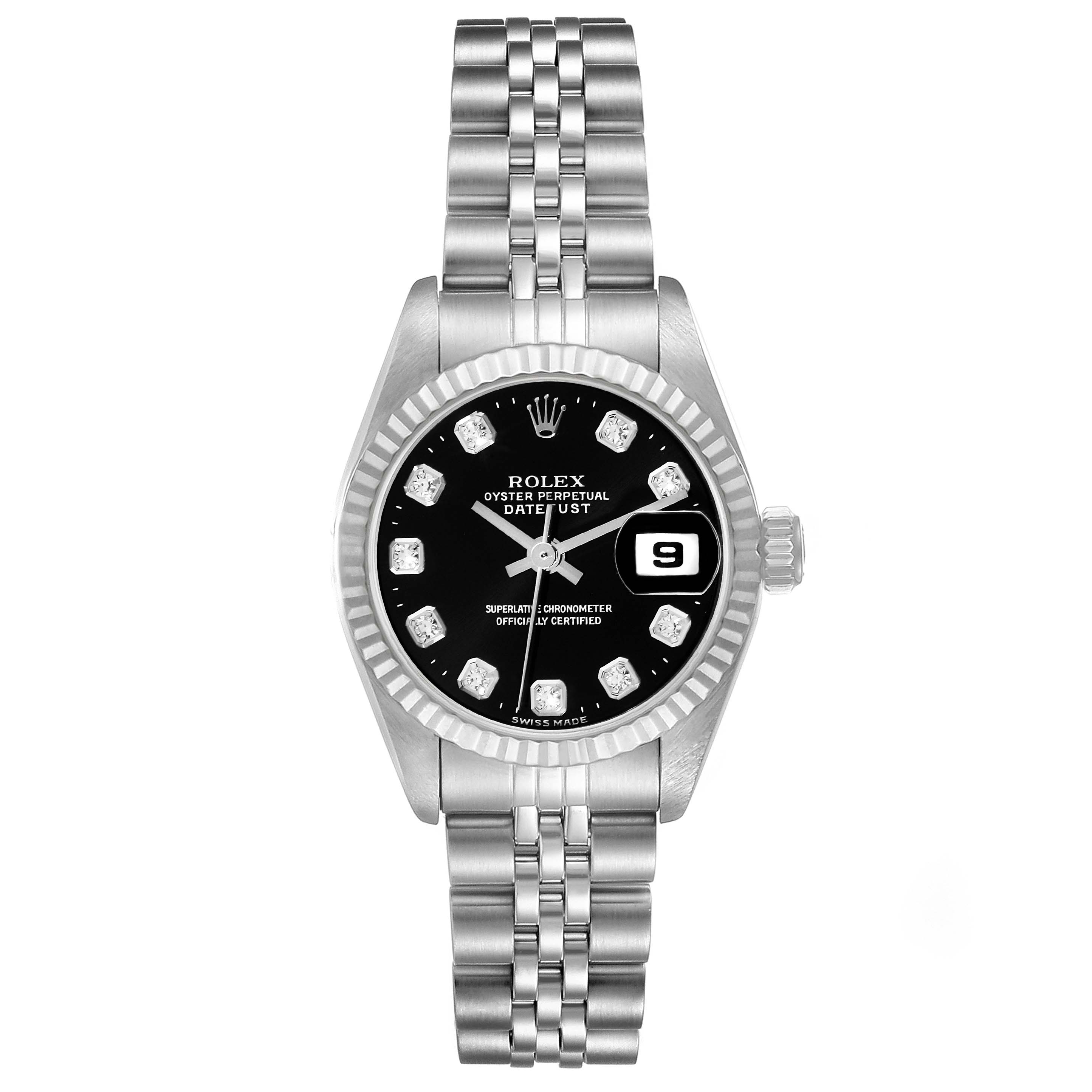 The Rolex Datejust 69174 Women's Stainless Steel Black Dial 69174 Women's Stainless Steel Black Dial watch is shown from the front, displaying its black dial, diamond hour markers, fluted bezel, and jubilee bracelet.