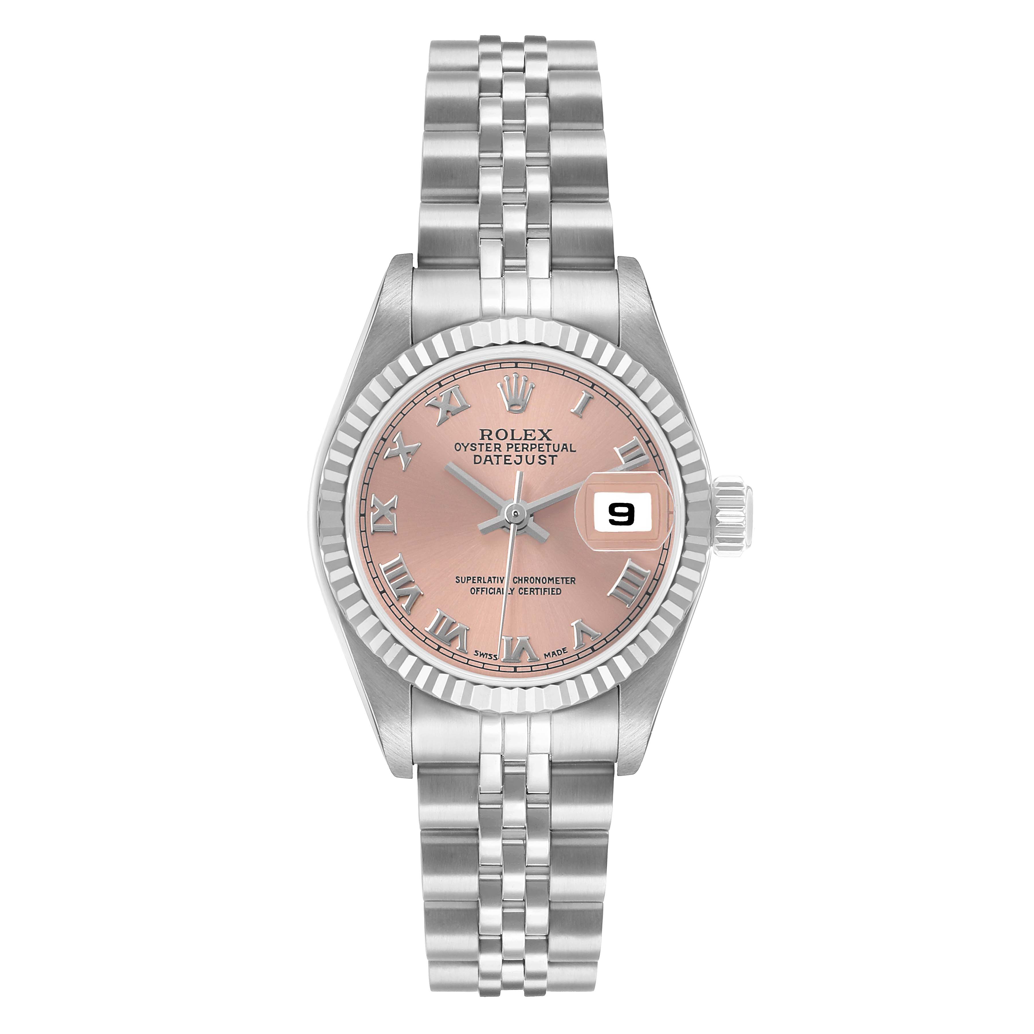 The Rolex Datejust 79174 Women's Stainless Steel Pink Dial watch is shown from a top-down angle, displaying the face, bezel, and bracelet.