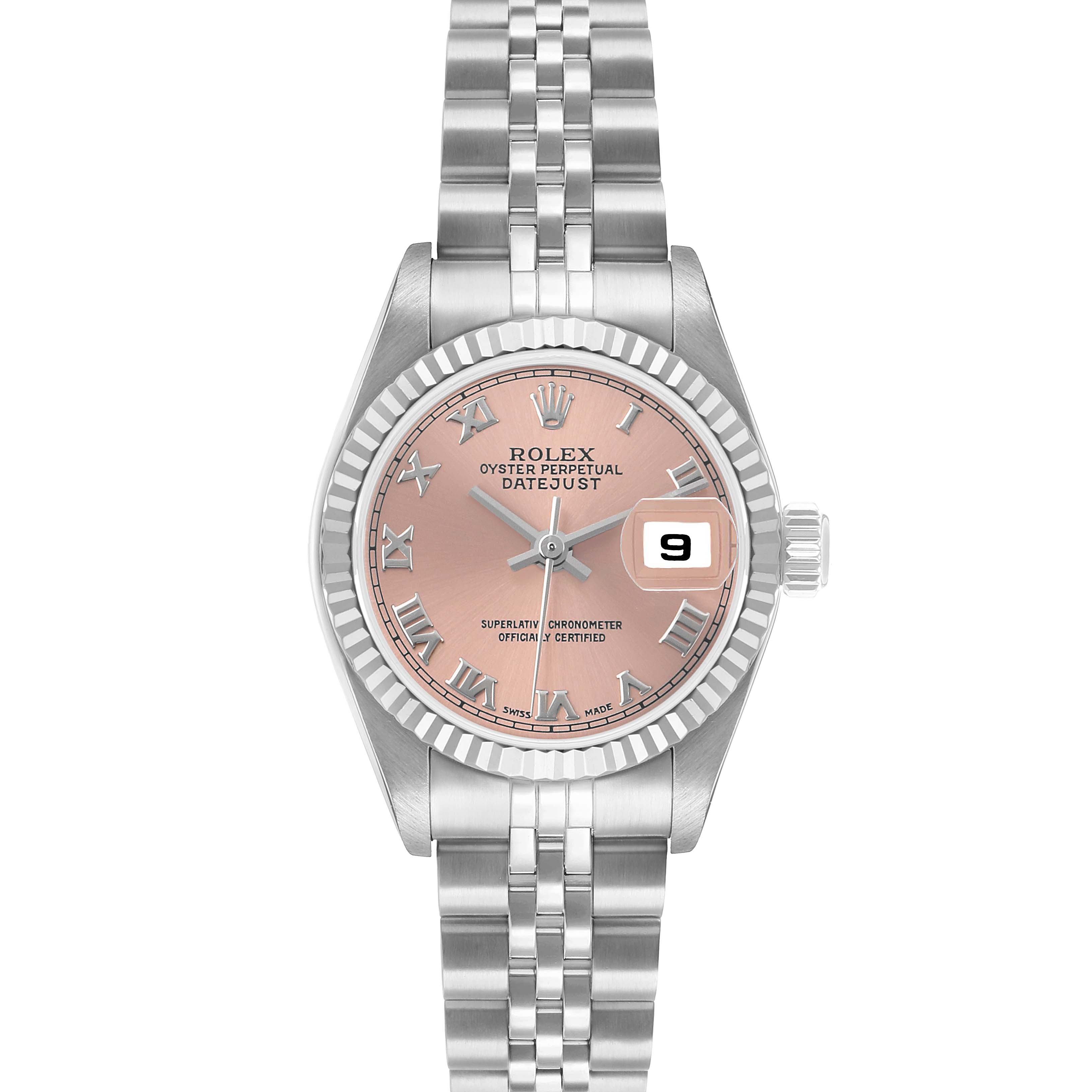 The Rolex Datejust 79174 Women's Stainless Steel Pink Dial watch is shown from a top-down angle, displaying the dial, bezel, and jubilee bracelet.