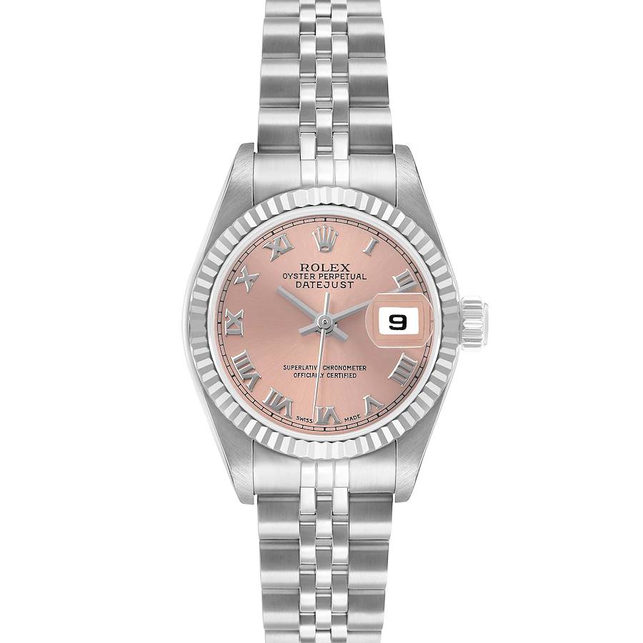The Rolex Datejust 79174 Women's Stainless Steel Pink Dial watch is shown from a top-down angle, displaying the dial, bezel, and jubilee bracelet.