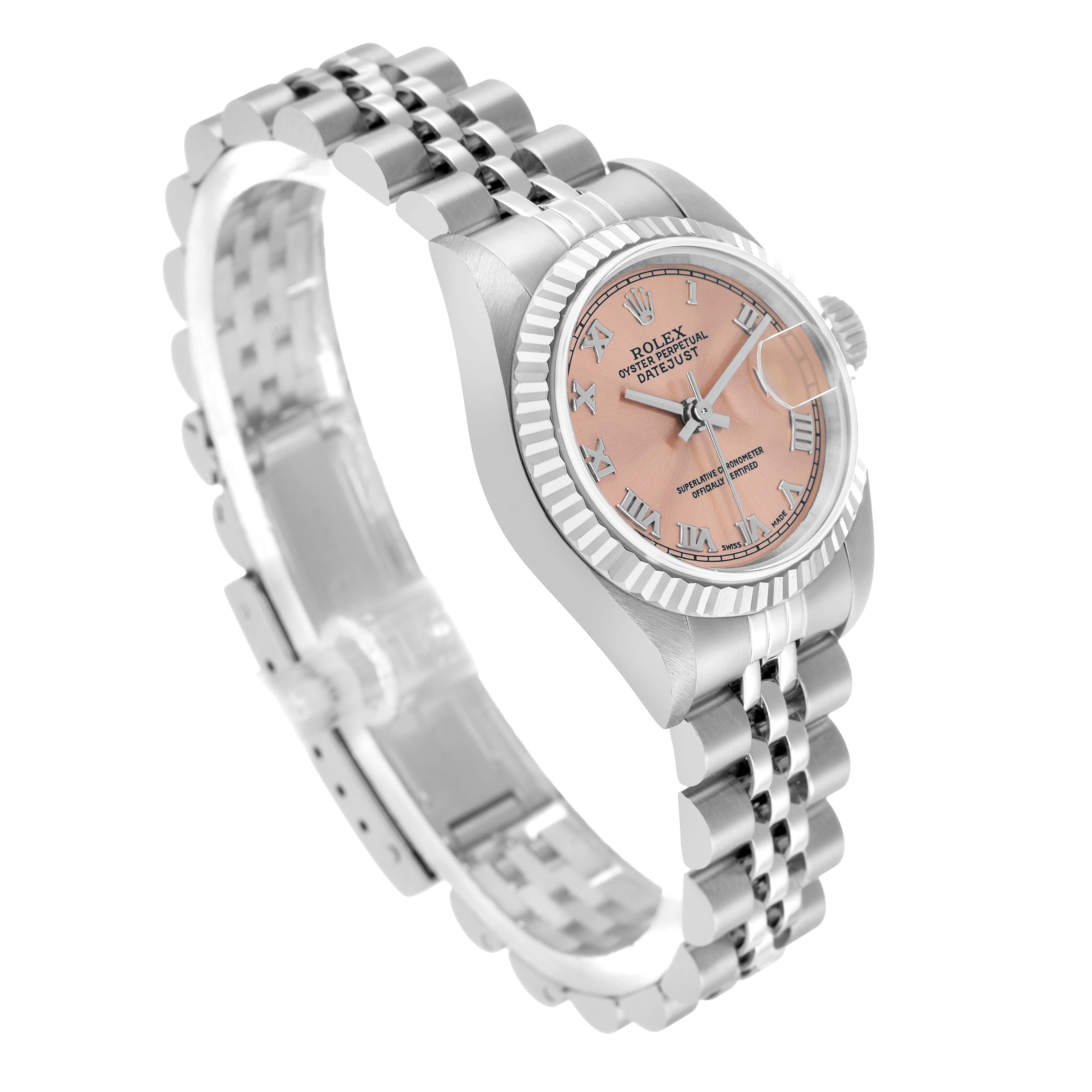 The Rolex Datejust 79174 Women's Stainless Steel Pink Dial watch is shown at an angle highlighting the face, fluted bezel, crown, and Jubilee bracelet.