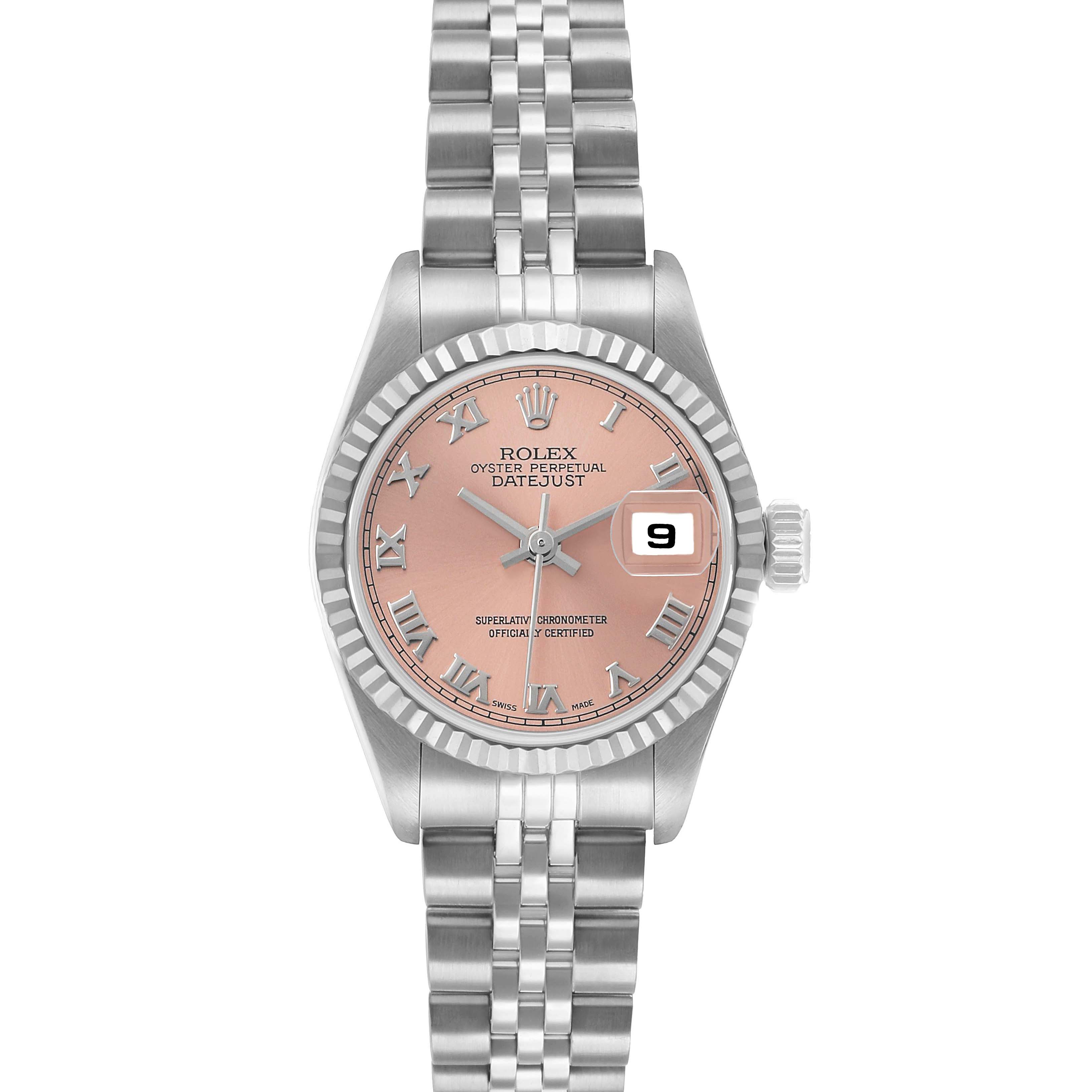 The Rolex Datejust 79174 Women's Stainless Steel Pink Dial watch is shown from a top view, highlighting the dial, bezel, hands, date window, and bracelet.