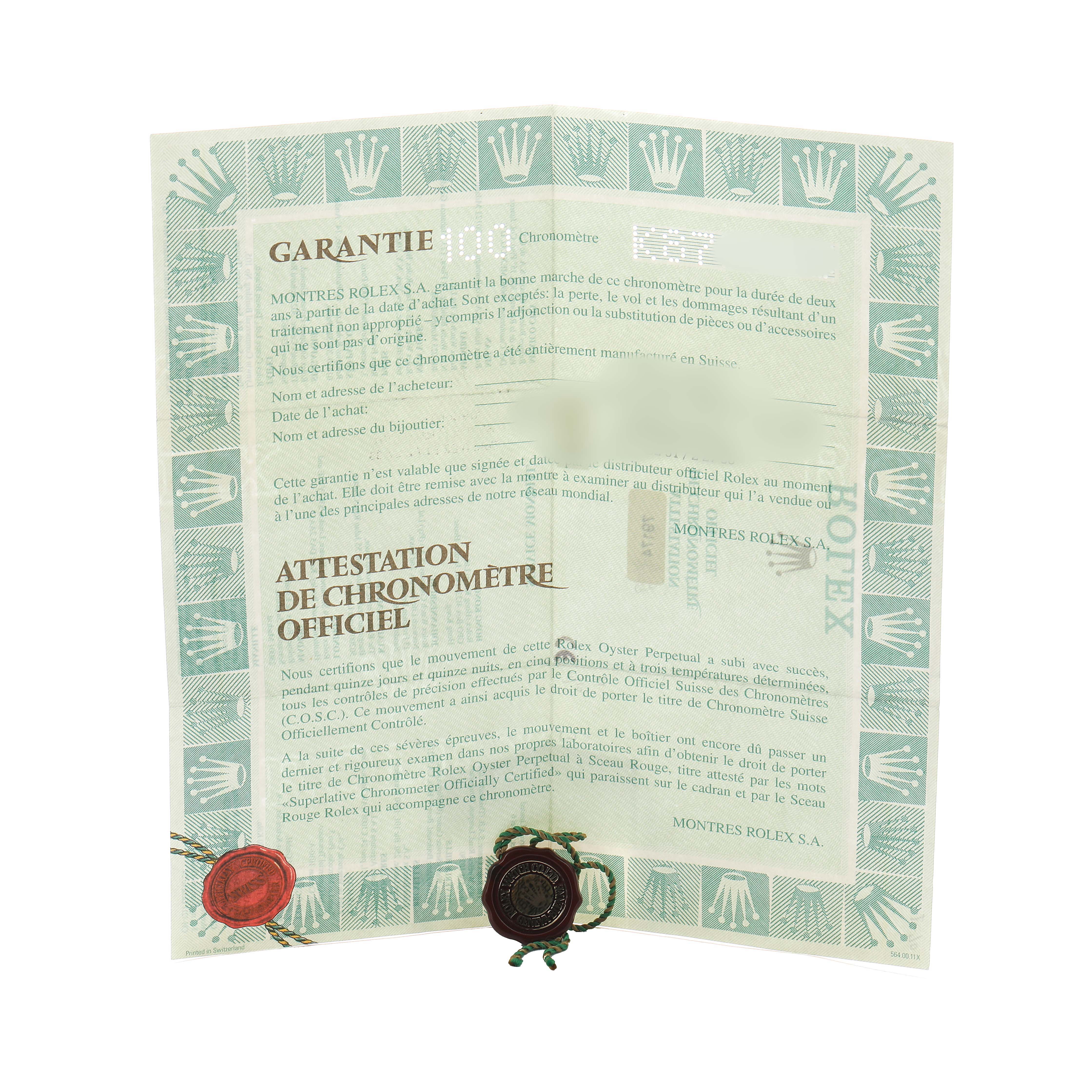 The image shows a warranty certificate and official chronometer certification for a Rolex Datejust 79174 Women's Stainless Steel Pink Dial watch.