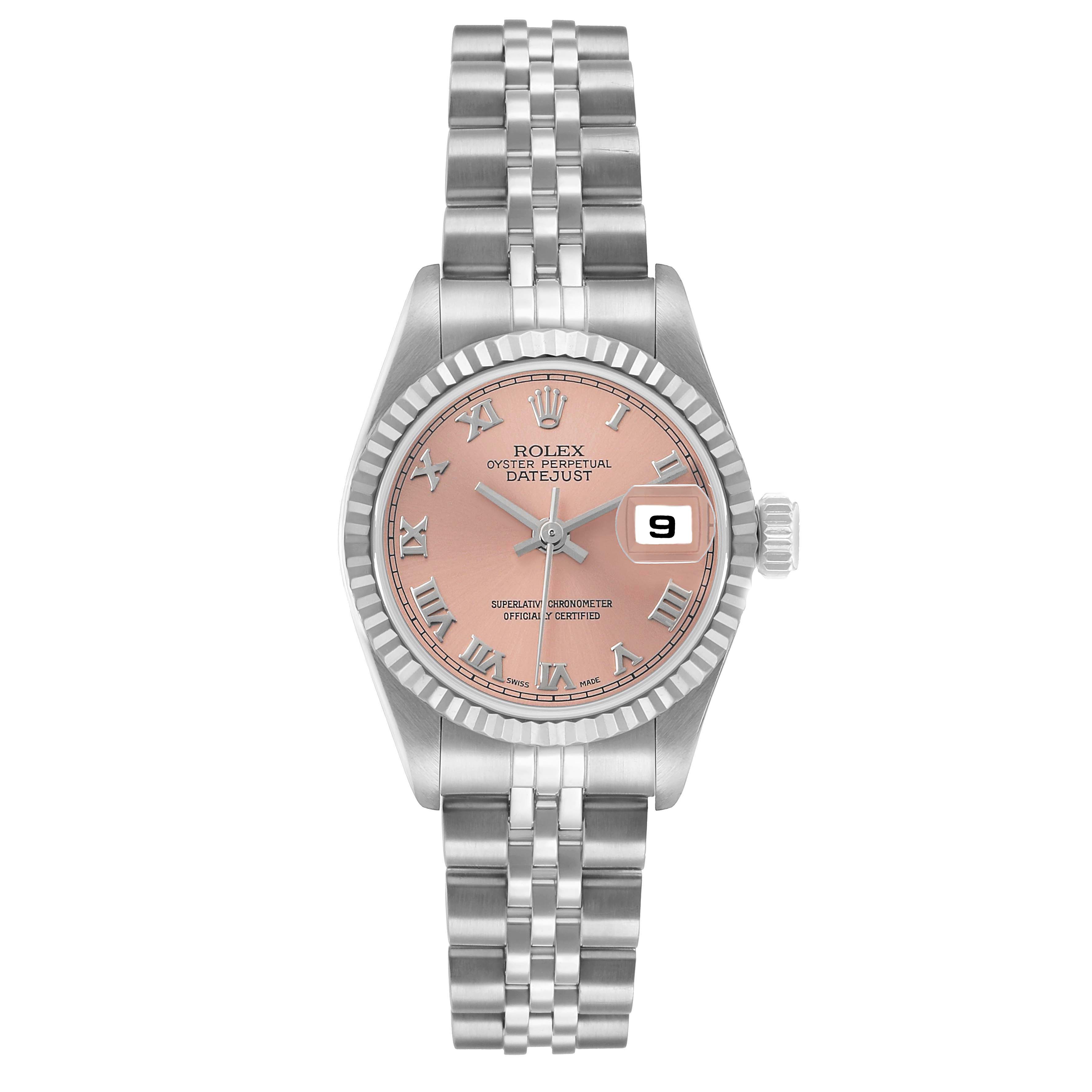 The Rolex Datejust 79174 Women's Stainless Steel Pink Dial watch is shown from the front, displaying the dial, bezel, crown, and bracelet.