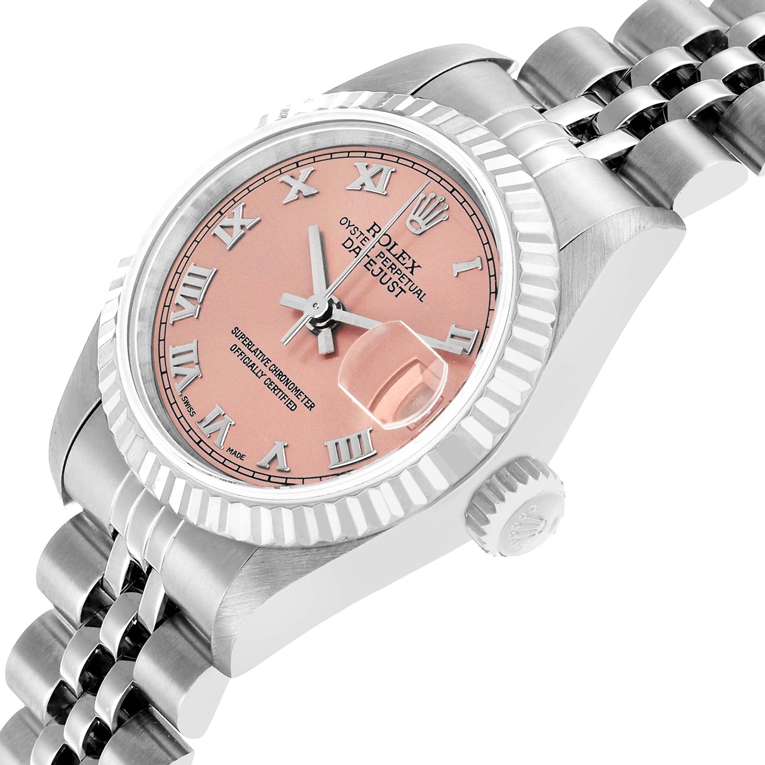 The Rolex Datejust 79174 Women's Stainless Steel Pink Dial watch is shown at a three-quarter angle, highlighting its pink dial, fluted bezel, crown, and Jubilee bracelet.