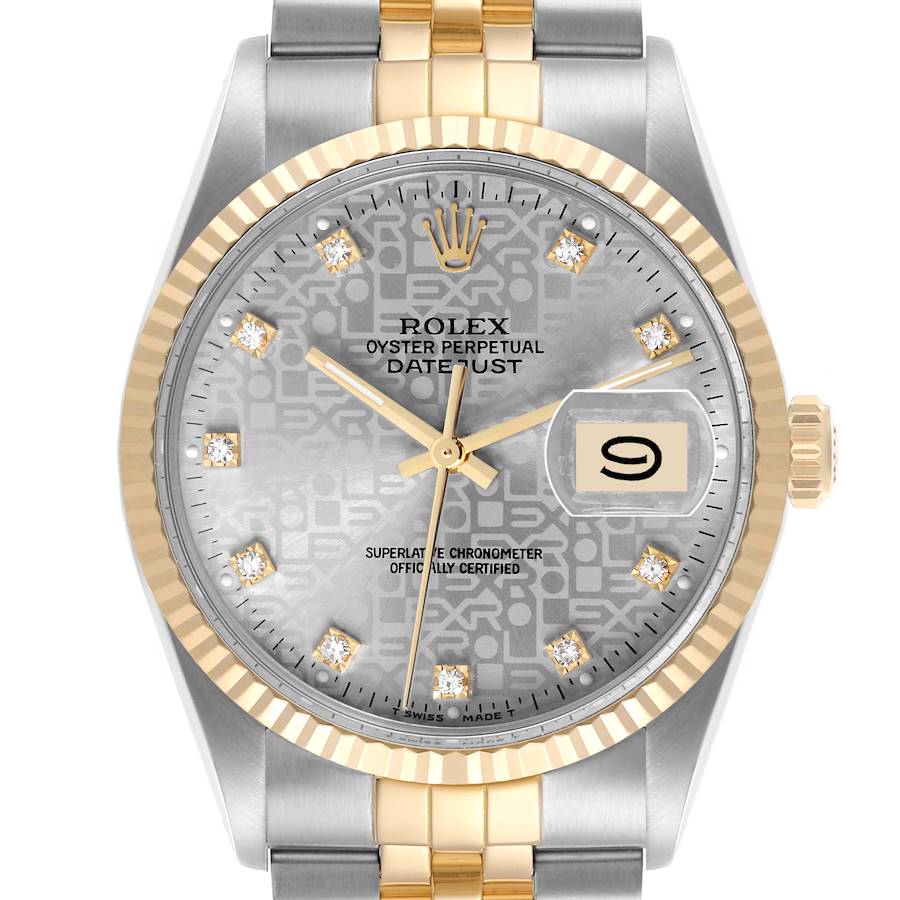 The Rolex Vintage Collection watch is shown from a straight-on angle, highlighting the face, bezel, and part of the bracelet.