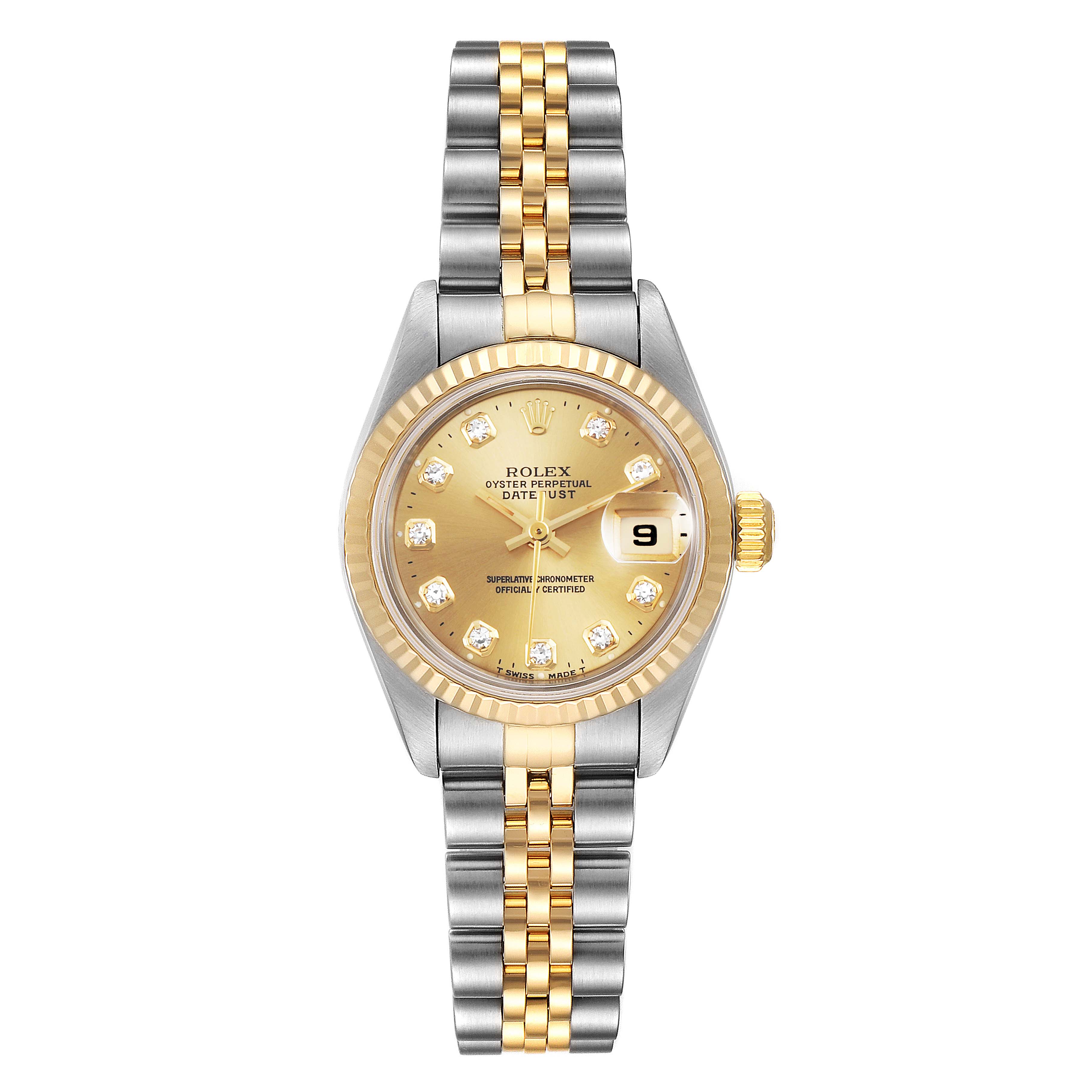 The image shows a front view of the Rolex Datejust 79173 Women
s Steel and Gold (two tone) Champagne Dial 79173 Women
s Steel and Gold (two tone) Champagne Dial watch, featuring its gold dial, two-tone bracelet, and date display.