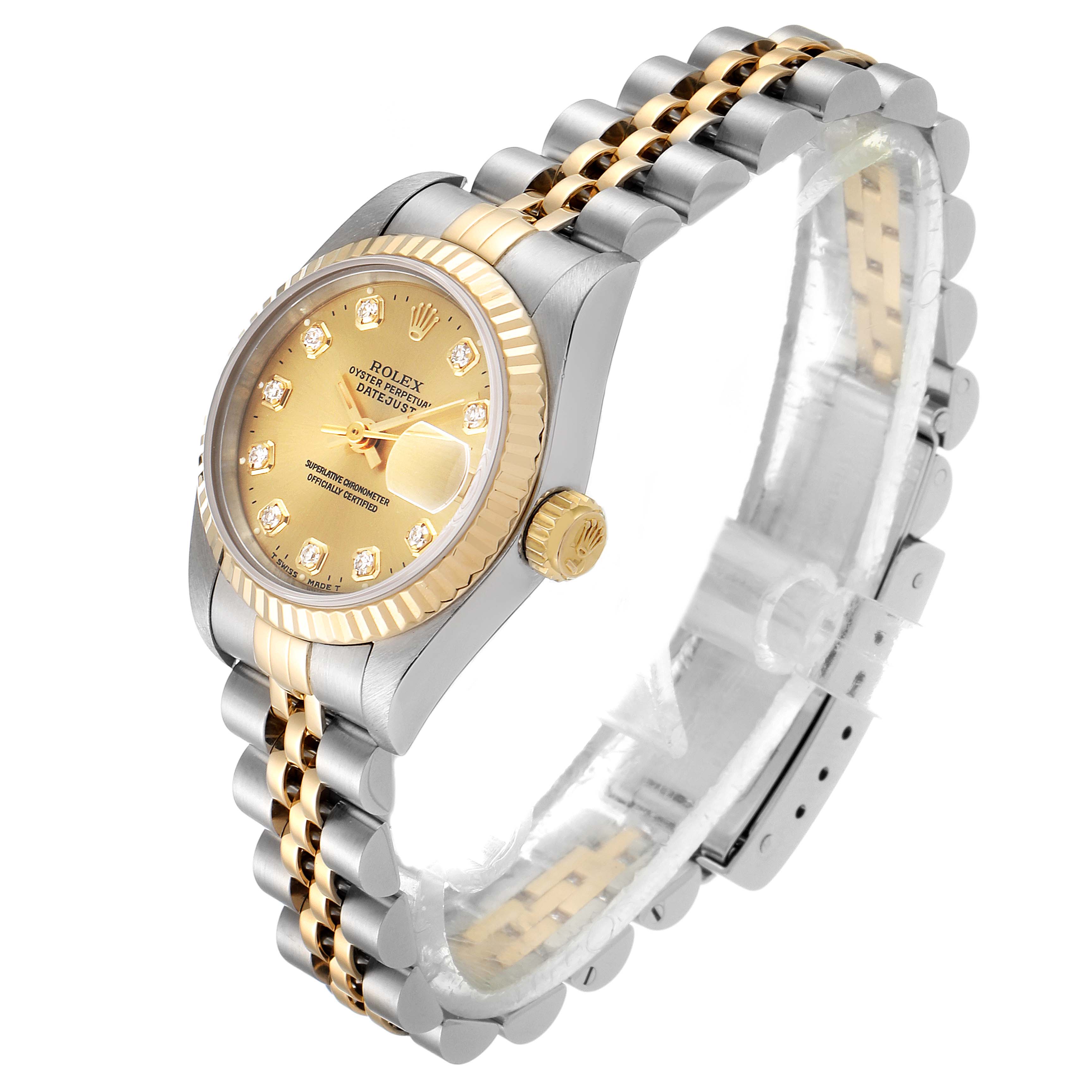 This image shows a Rolex Datejust 79173 Women
s Steel and Gold (two tone) Champagne Dial 79173 Women
s Steel and Gold (two tone) Champagne Dial watch from a side angle, highlighting its dial, bezel, and two-tone bracelet.