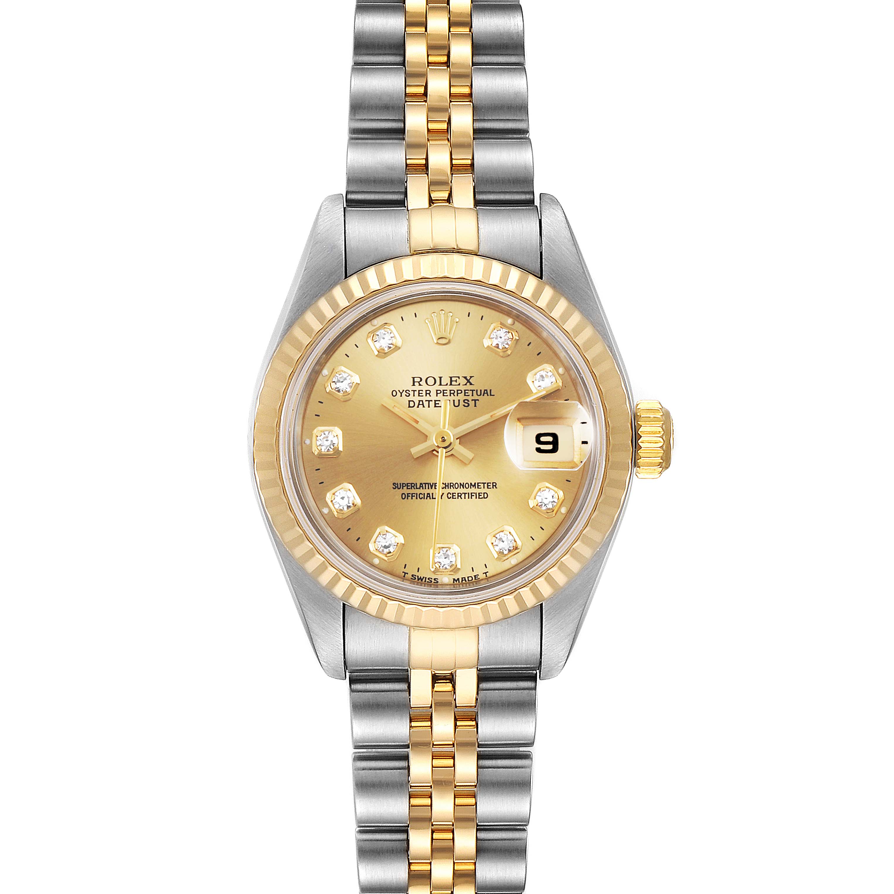 The image shows a front view of a Rolex Datejust 79173 Women
s Steel and Gold (two tone) Champagne Dial 79173 Women
s Steel and Gold (two tone) Champagne Dial watch, highlighting its two-tone bracelet, gold dial, and date window at 3 o
clock.
