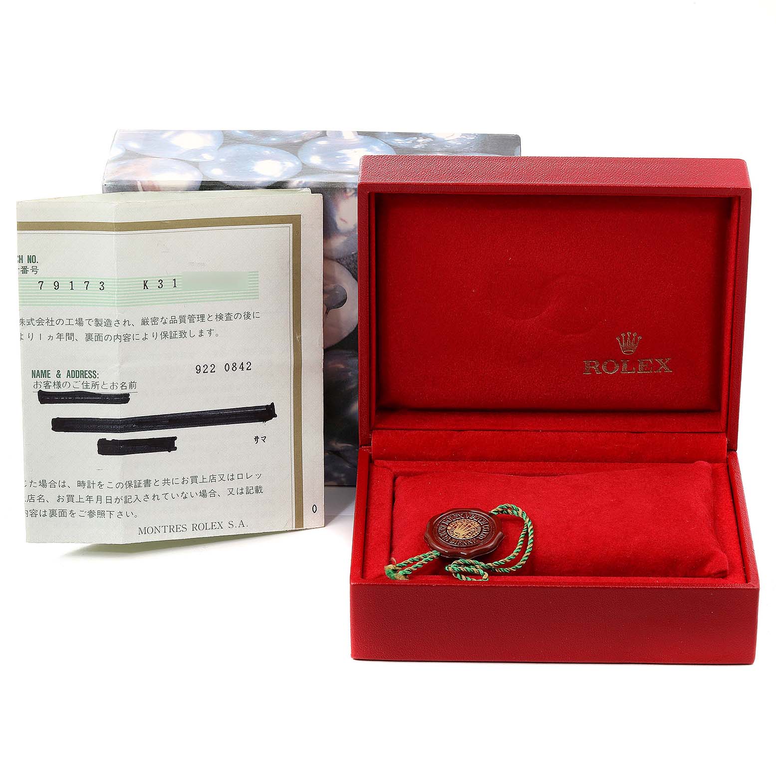 The image shows a Rolex Datejust 79173 Women
s Steel and Gold (two tone) Champagne Dial 79173 Women
s Steel and Gold (two tone) Champagne Dial model watch box, warranty papers, and a tag from a top-front angle.