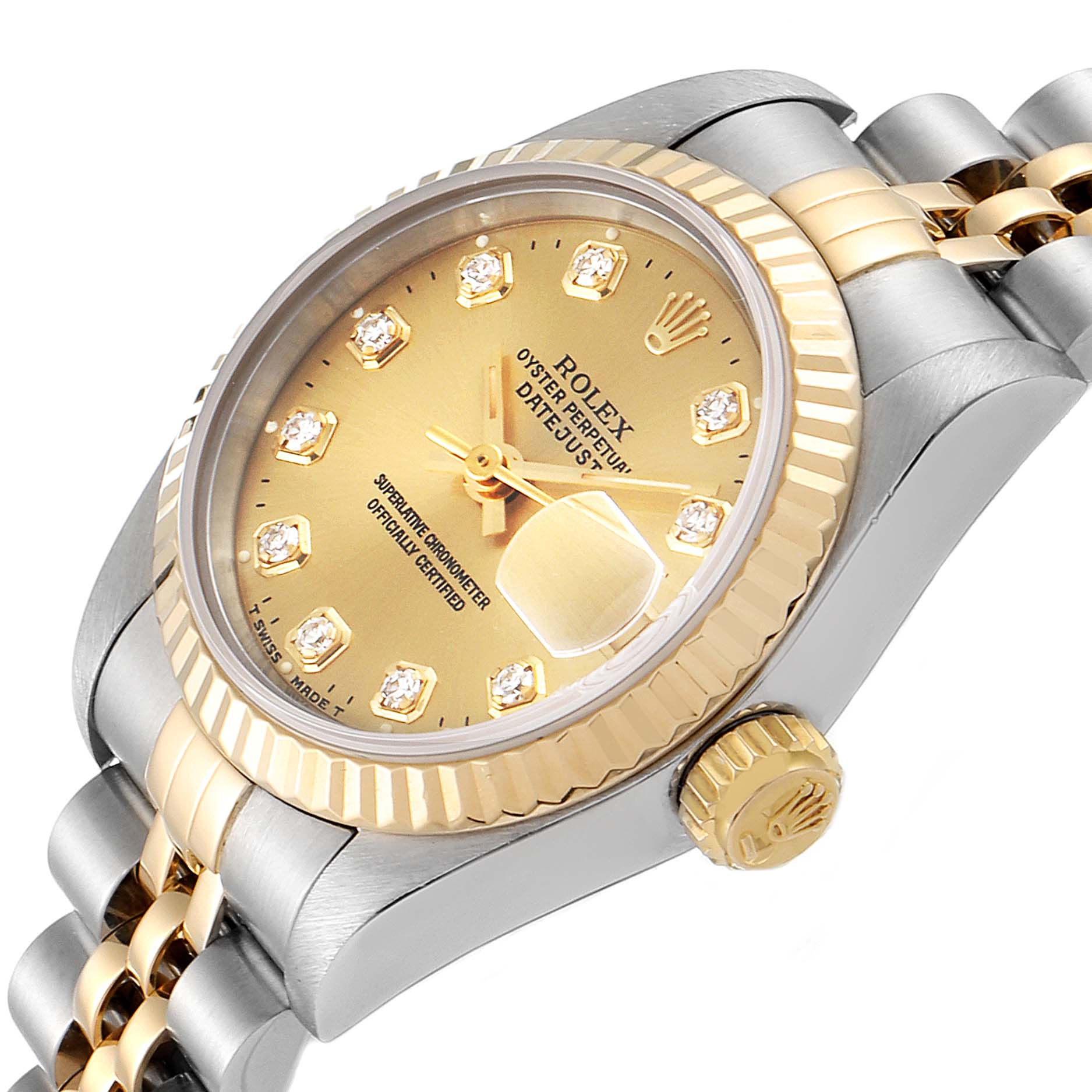 The image shows a close-up of the Rolex Datejust 79173 Women
s Steel and Gold (two tone) Champagne Dial 79173 Women
s Steel and Gold (two tone) Champagne Dial watch featuring the dial, bezel, crown, and part of the bracelet at an angled view.