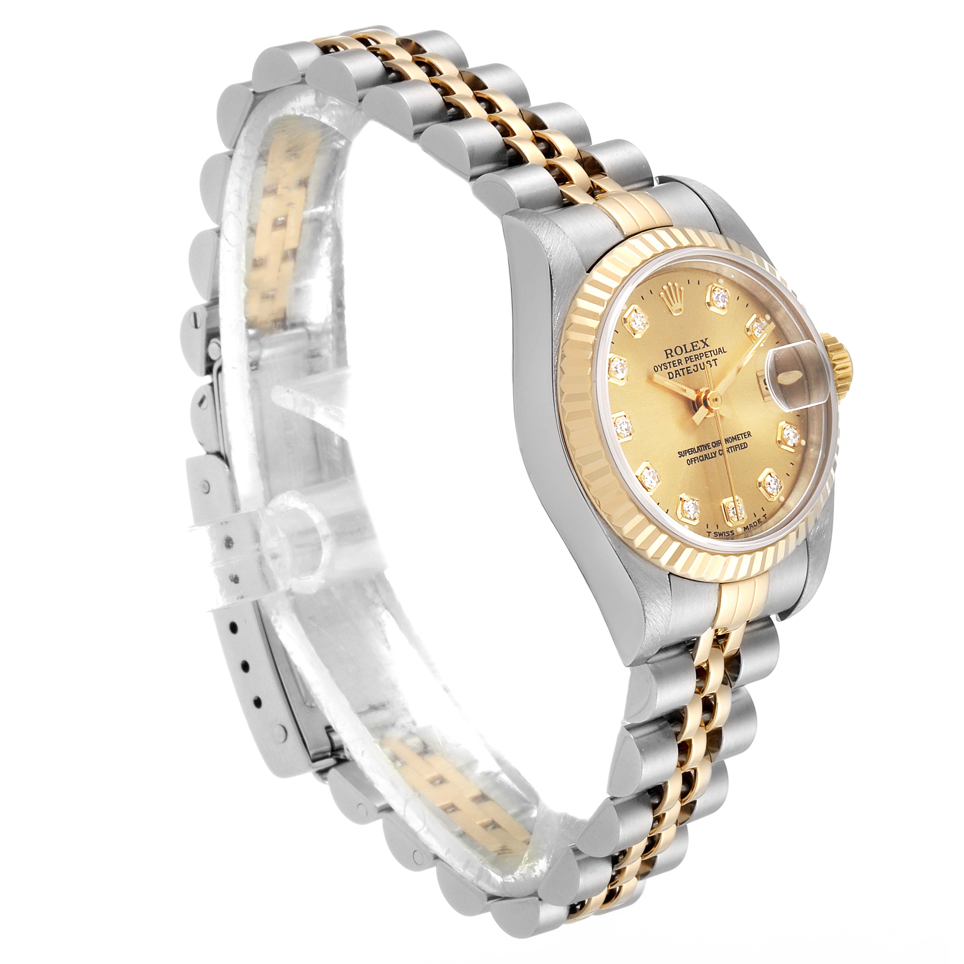 This image shows a side angle view of a Rolex Datejust 79173 Women
s Steel and Gold (two tone) Champagne Dial 79173 Women
s Steel and Gold (two tone) Champagne Dial watch, displaying the gold and silver bracelet and the gold dial with a diamond hour markers.