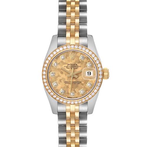 The Rolex Datejust 179383 Women's Stainless Steel Champagne Dial watch is shown from a top-down angle, featuring its face, bezel, and bracelet.