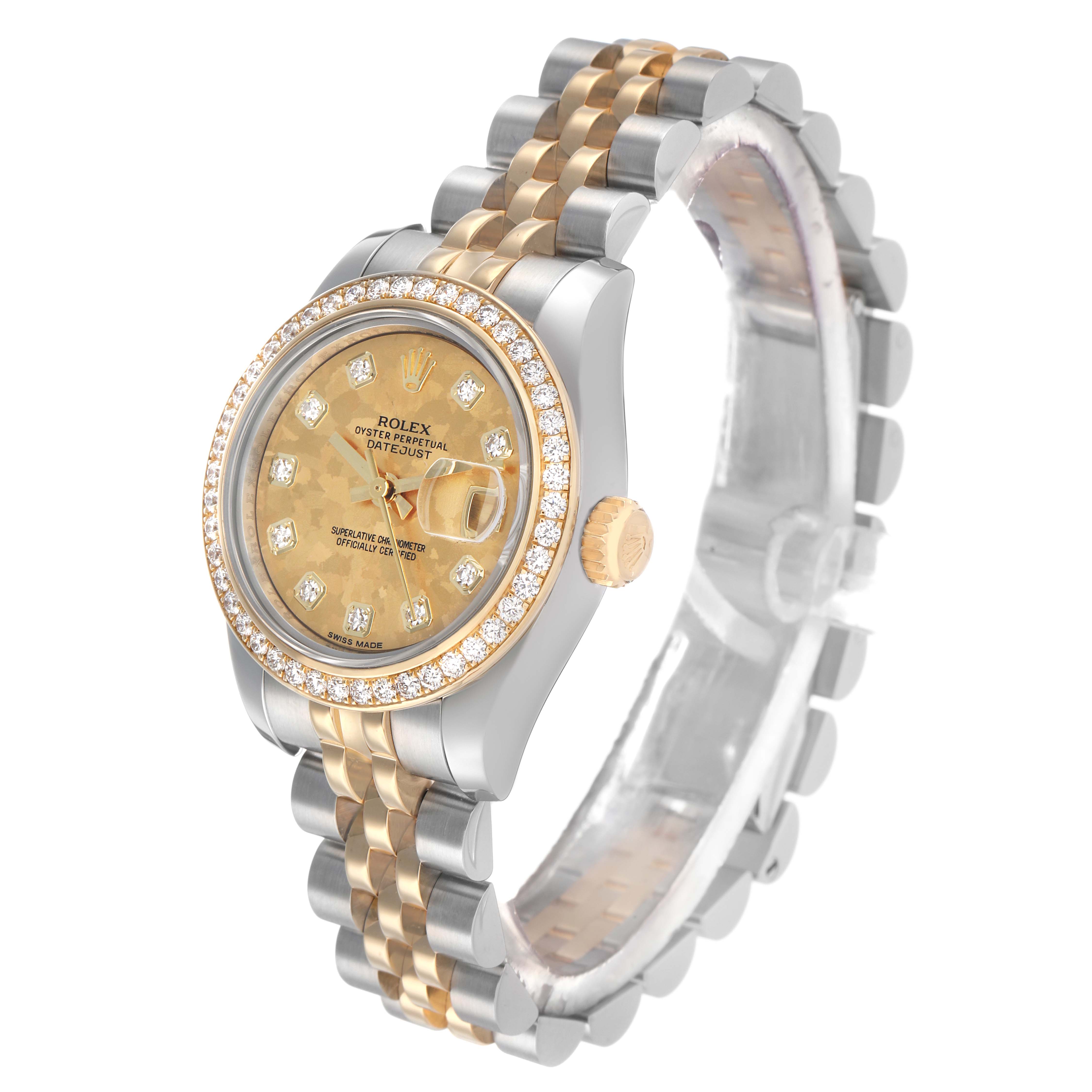 The Rolex Datejust 179383 Women's Stainless Steel Champagne Dial watch is shown at a three-quarter angle, highlighting the face, bezel, and two-tone bracelet.