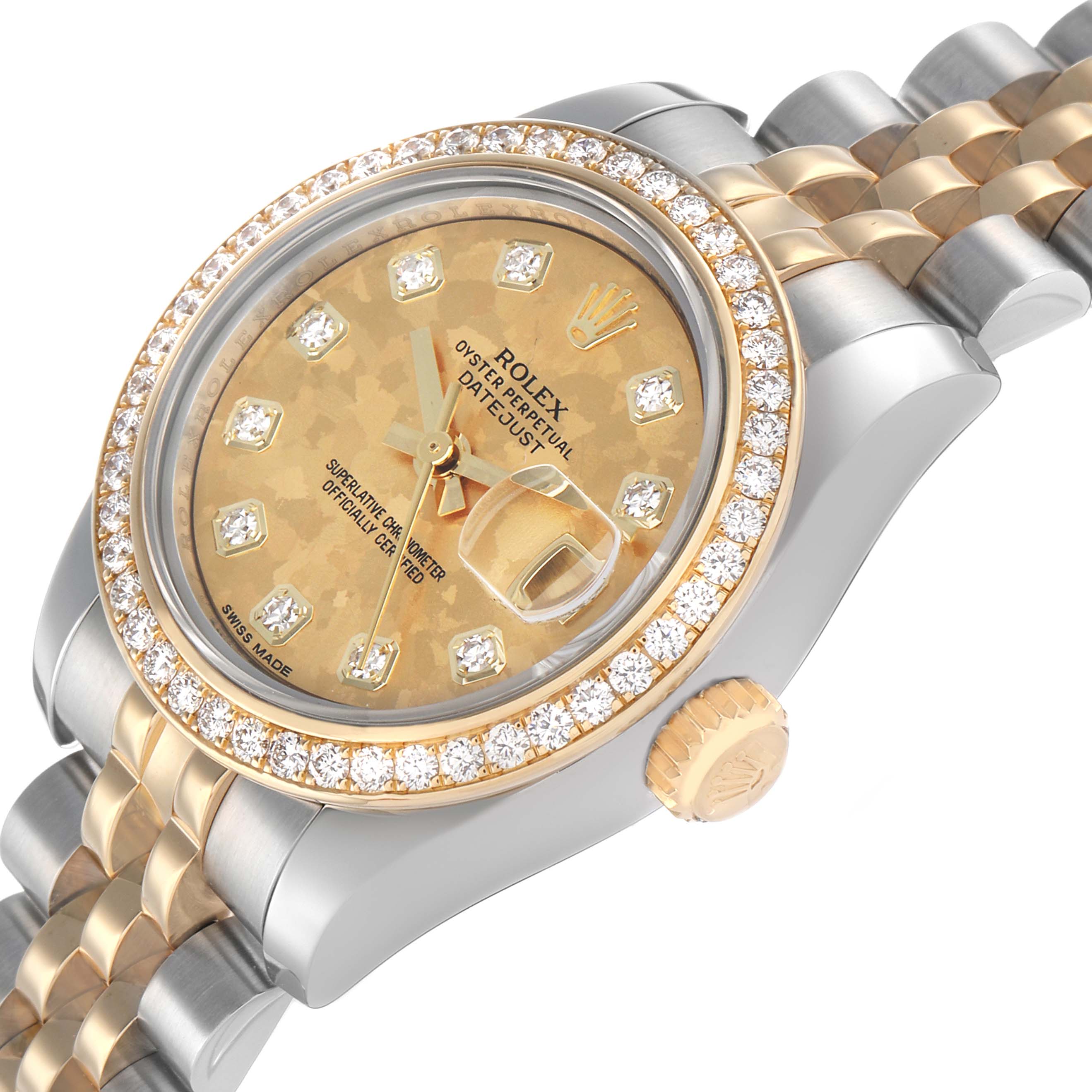 The Rolex Datejust 179383 Women's Stainless Steel Champagne Dial watch is shown at a slight side angle, highlighting the bezel, dial, and part of the bracelet.