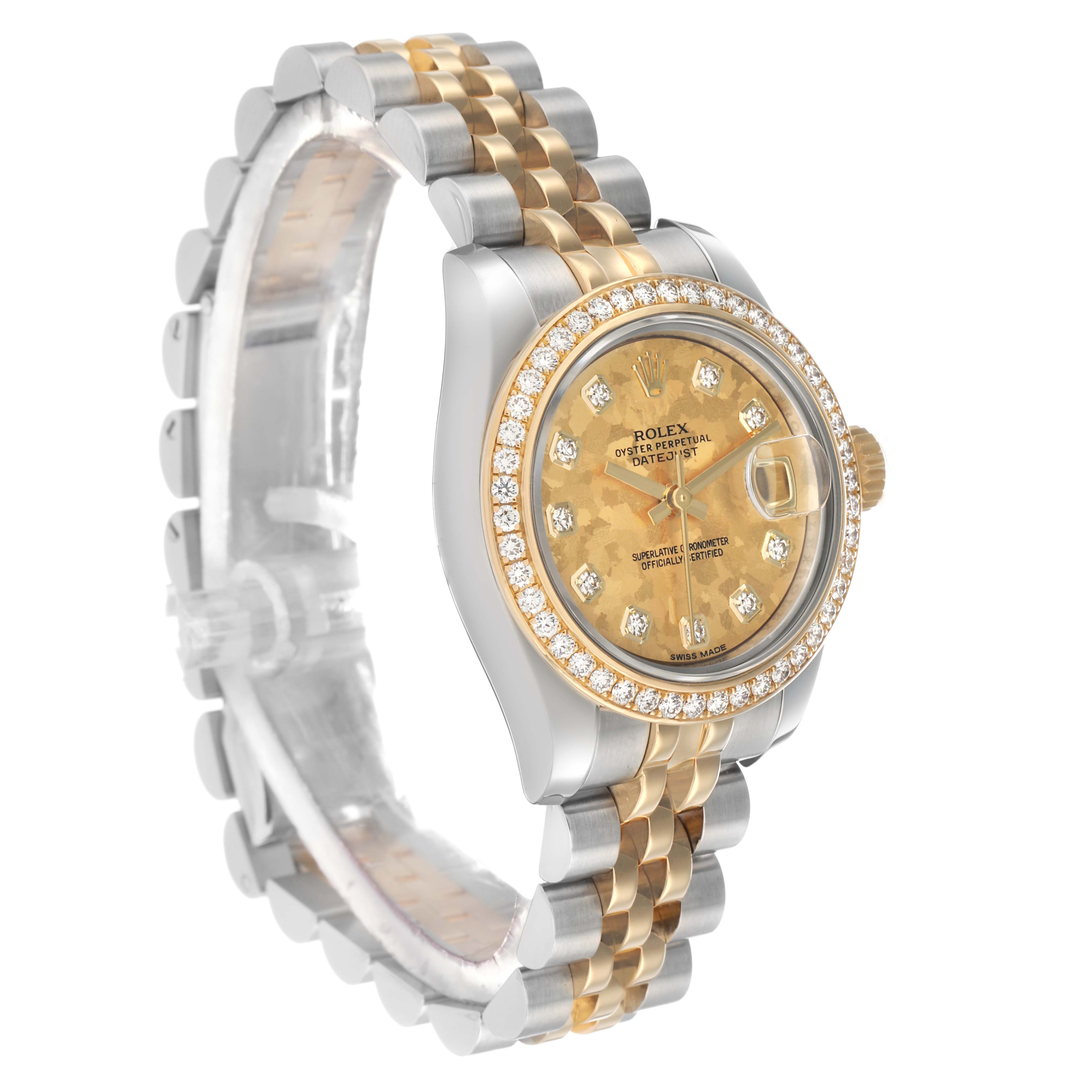 The Rolex Datejust 179383 Women's Stainless Steel Champagne Dial watch is shown at a three-quarter angle, highlighting the gold and silver bracelet, diamond bezel, and face.