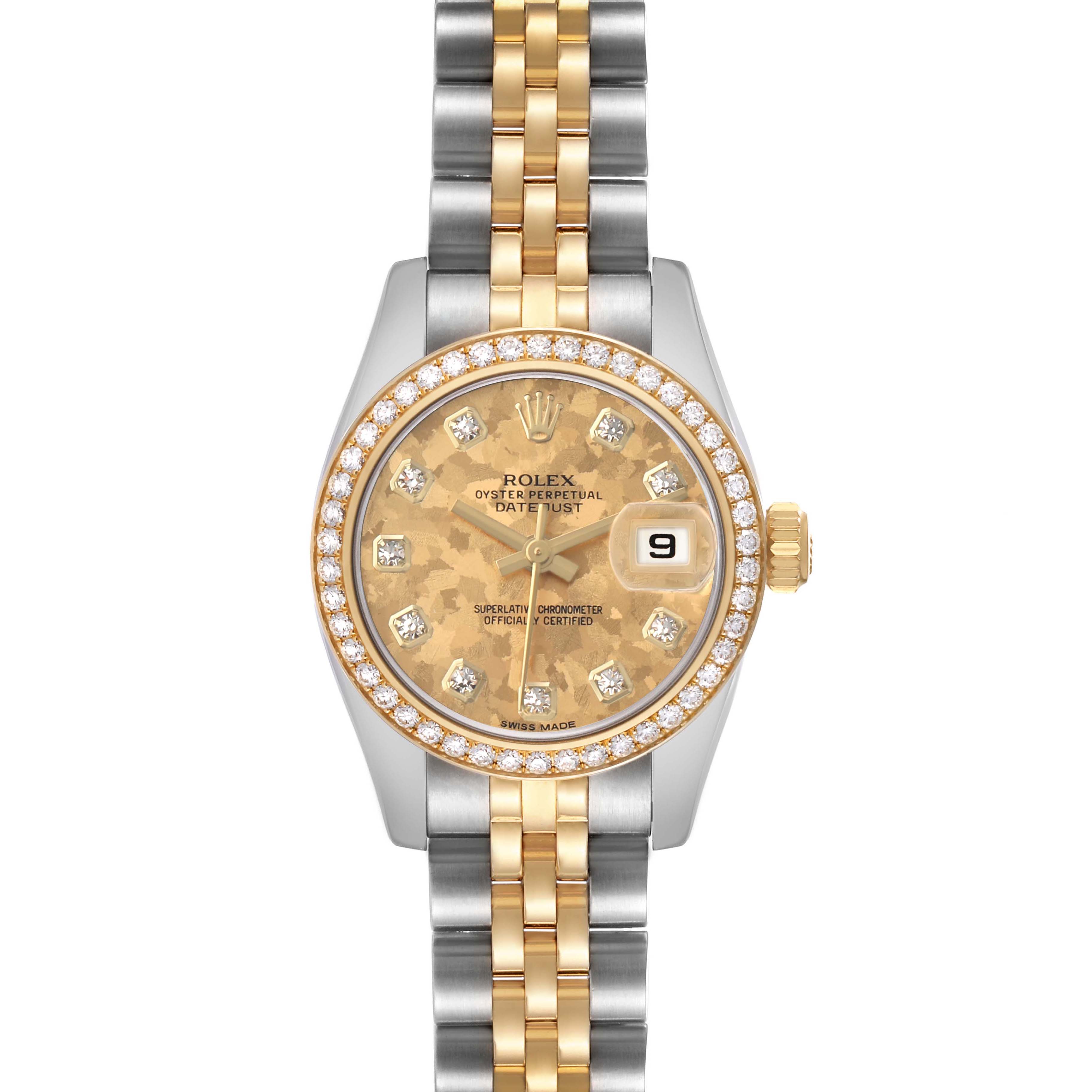The Rolex Datejust 179383 Women's Stainless Steel Champagne Dial watch is shown from the front, highlighting its gold dial, diamond markers, and two-tone jubilee bracelet.