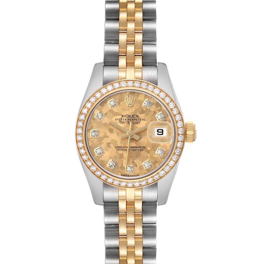 The Rolex Datejust 179383 Women's Stainless Steel Champagne Dial watch is shown from the front, highlighting its gold dial, diamond markers, and two-tone jubilee bracelet.