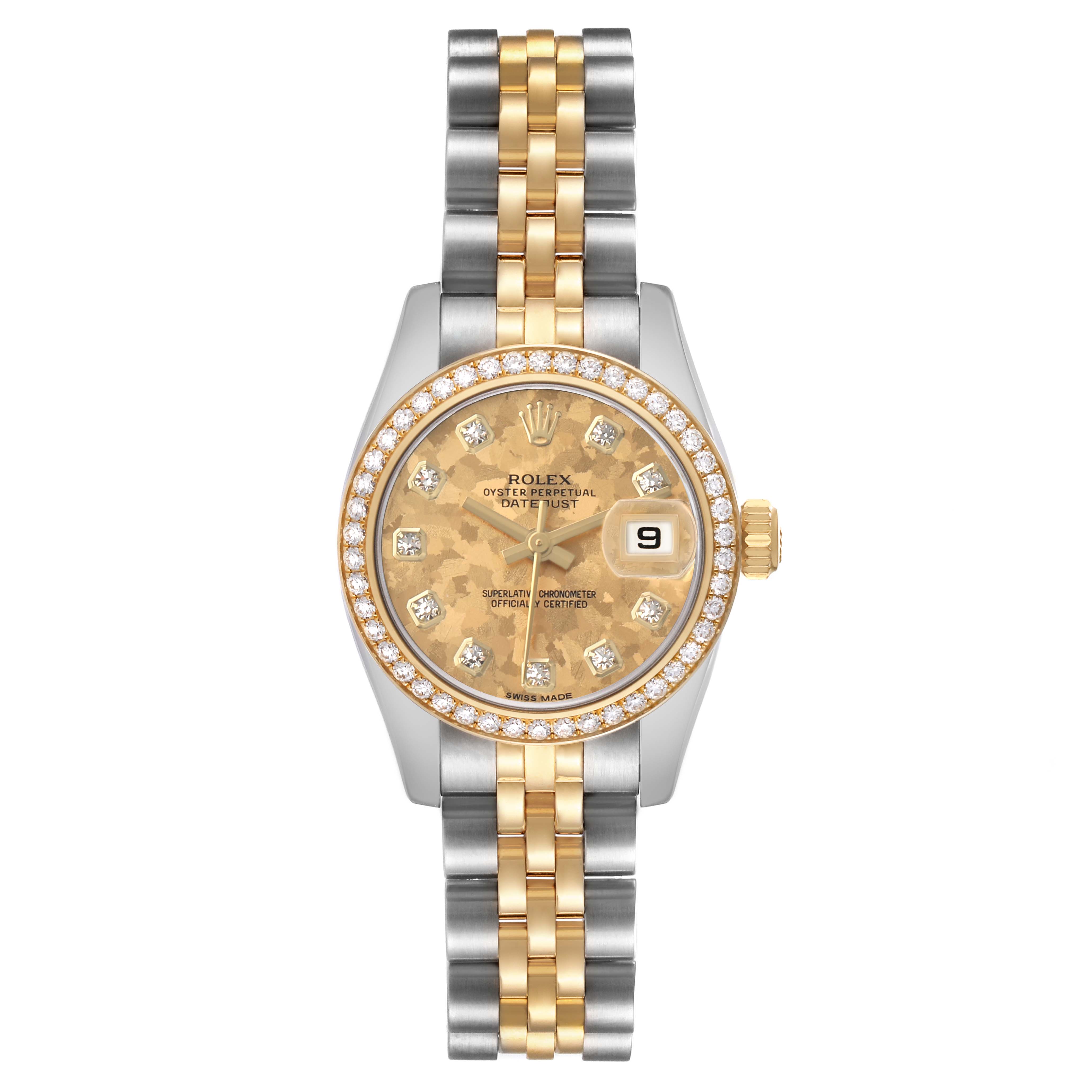 The Rolex Datejust 179383 Women's Stainless Steel Champagne Dial watch is shown from the front, displaying its face, bezel, and two-tone bracelet.
