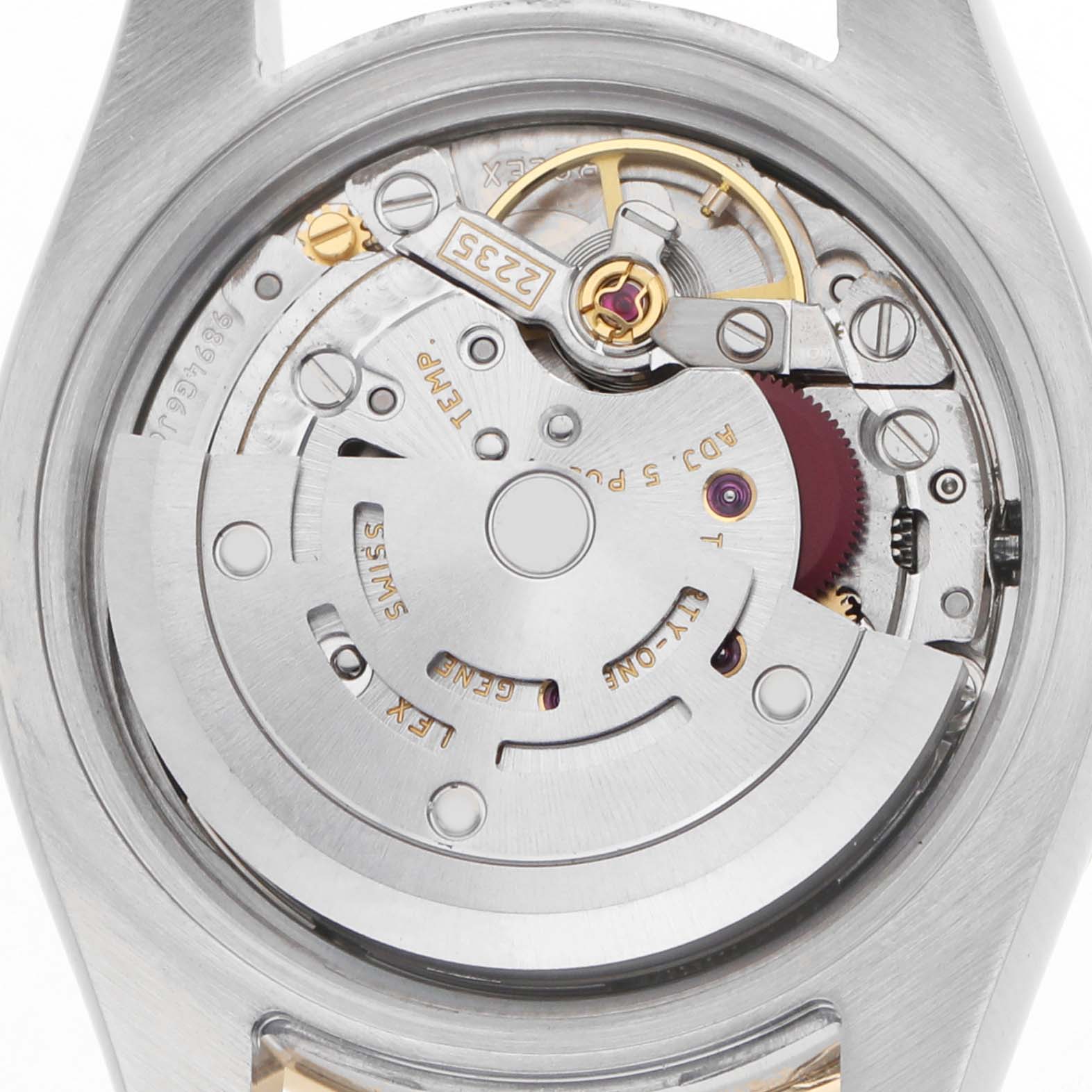The Rolex Datejust 179383 Women's Stainless Steel Champagne Dial watch is shown from the back, highlighting its movement and internal mechanics.