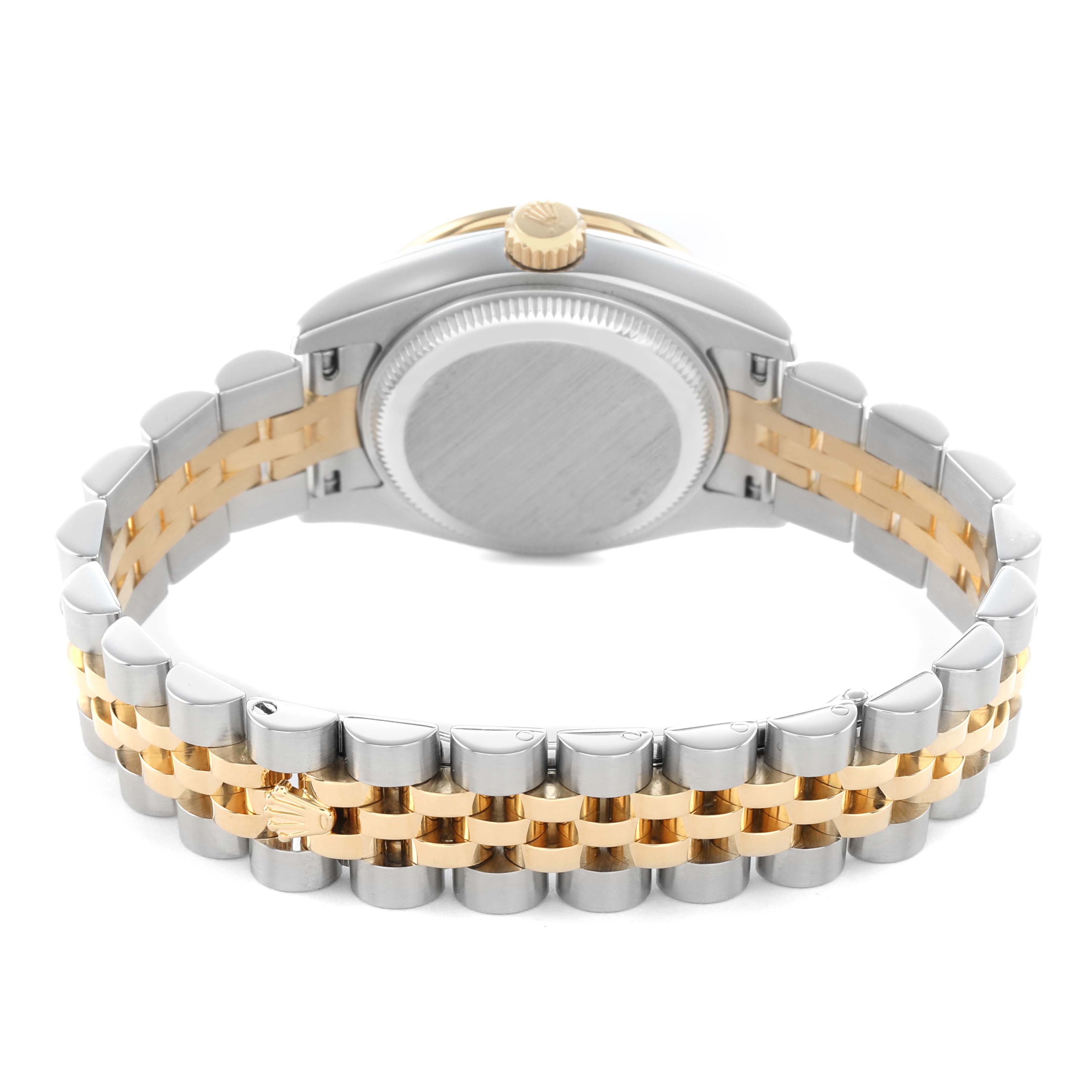 The Rolex Datejust 179383 Women's Stainless Steel Champagne Dial watch is shown from the back, displaying the case back and two-tone bracelet.