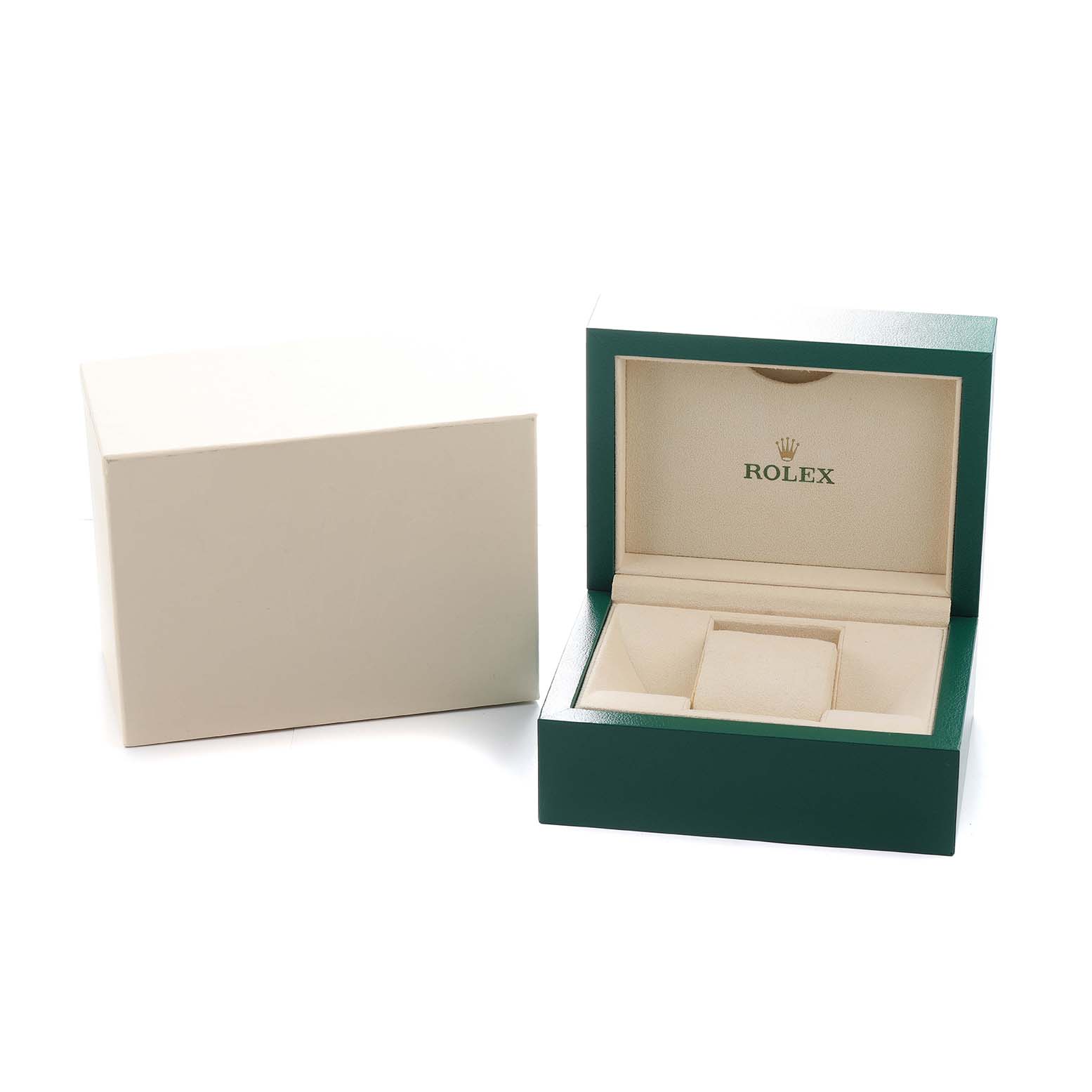 The image shows an open Rolex Datejust 179383 Women's Stainless Steel Champagne Dial watch box and a closed outer box, viewed from the front.