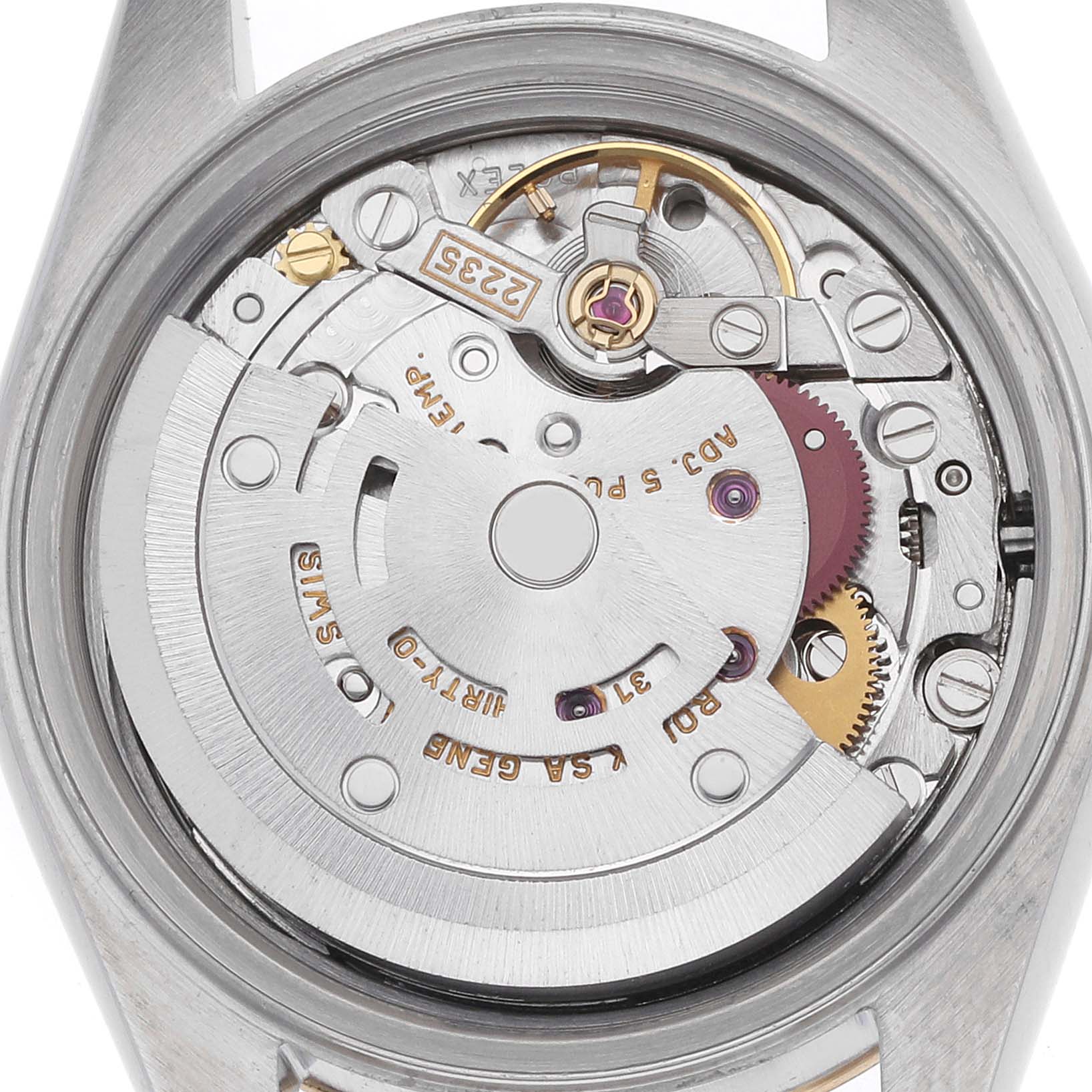 The image shows the movement and inner workings of a Rolex Datejust 79163 Women's Steel and Gold (two tone) Beige Dial watch from a rear, open-case angle.