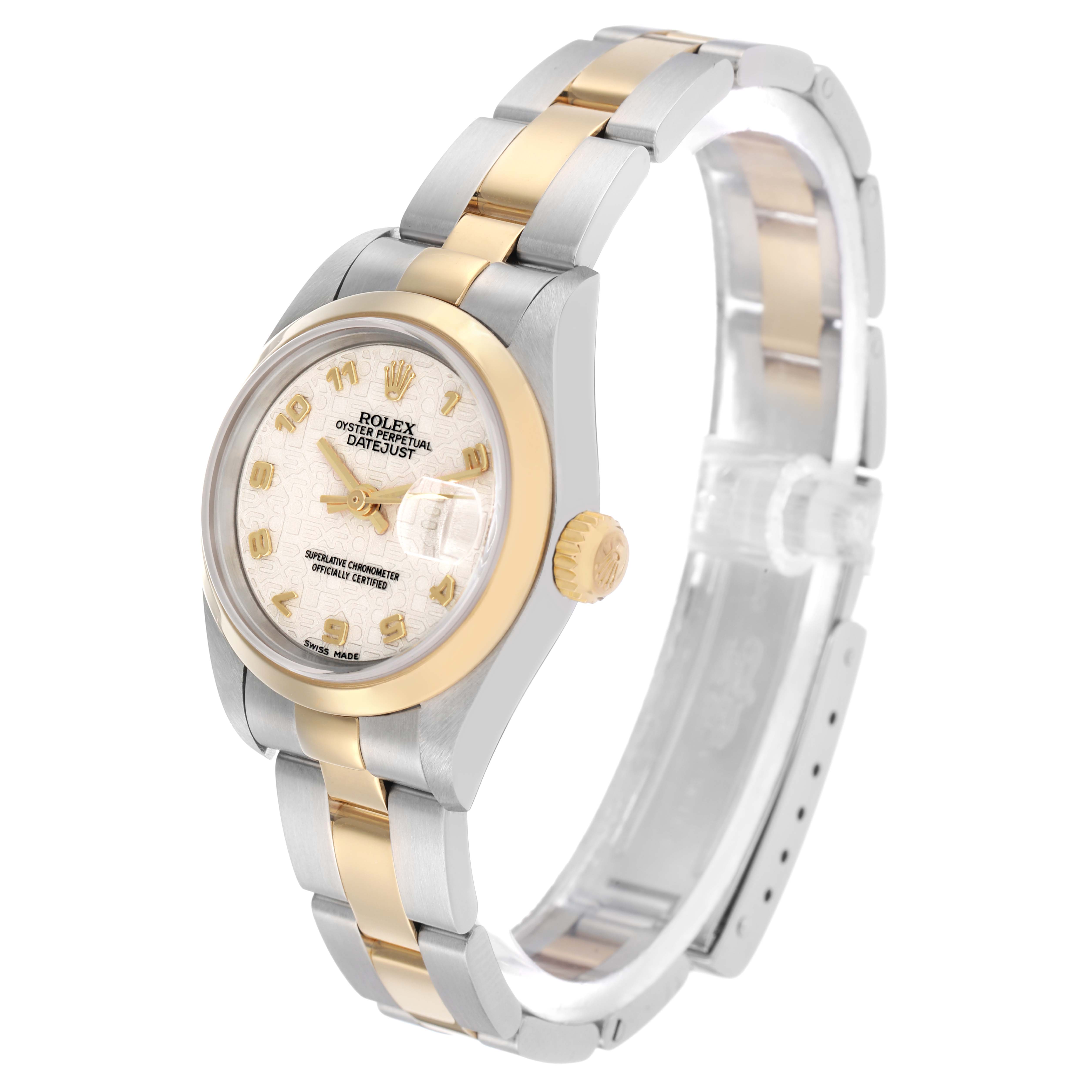 The Rolex Datejust 79163 Women's Steel and Gold (two tone) Beige Dial watch is shown at a three-quarter angle, highlighting the bezel, dial, crown, and bracelet.
