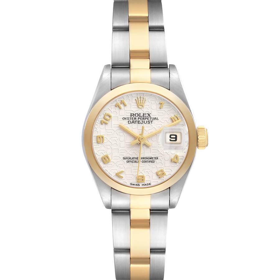 The Rolex Datejust 79163 Women's Steel and Gold (two tone) Beige Dial watch is shown from a front angle, highlighting the dial, bezel, and bracelet.